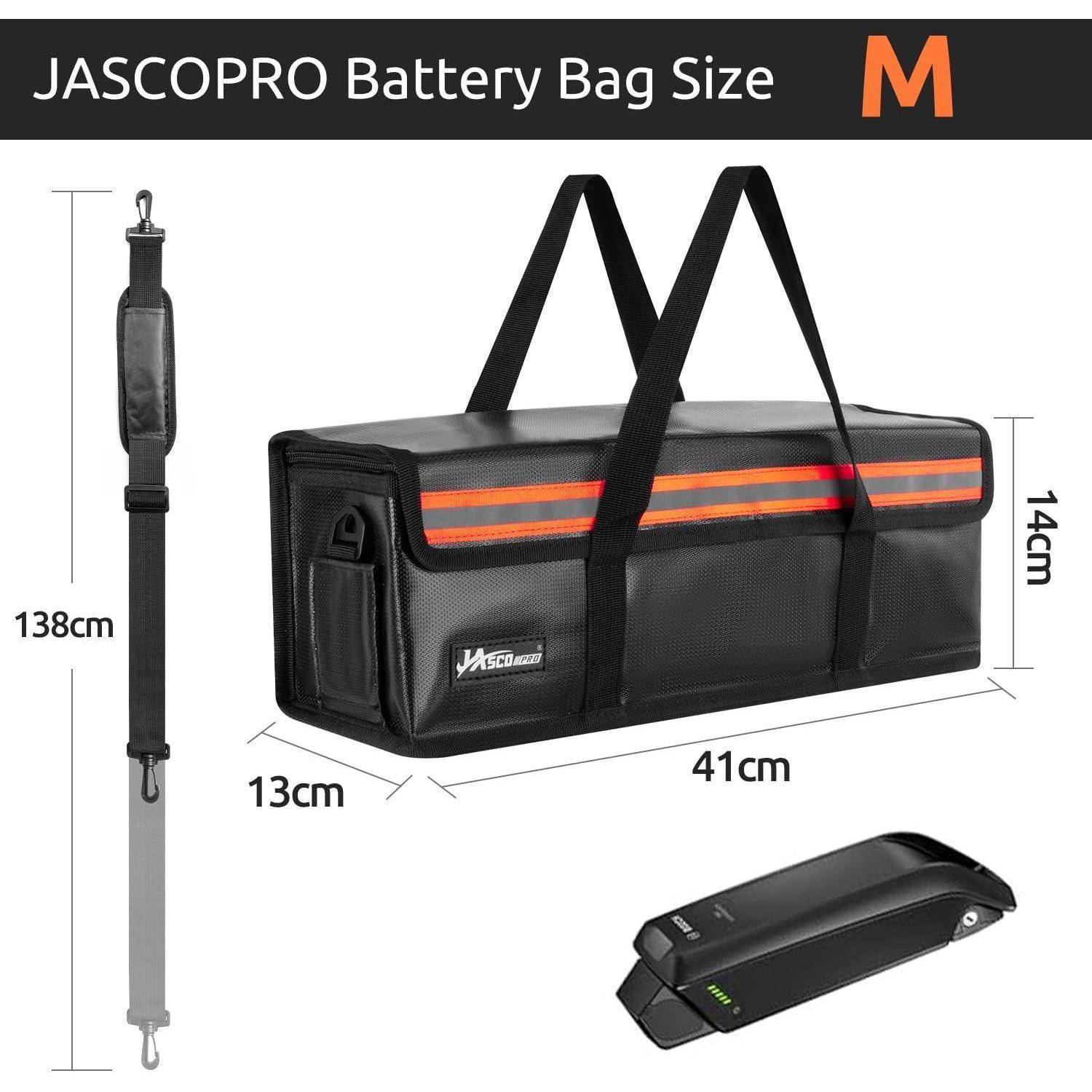 JASCOPRO Batterietasche Größe M mit Tragegurt und Abmessungen: 41 cm lang, 14 cm hoch, 13 cm tief, Gurt 138 cm.