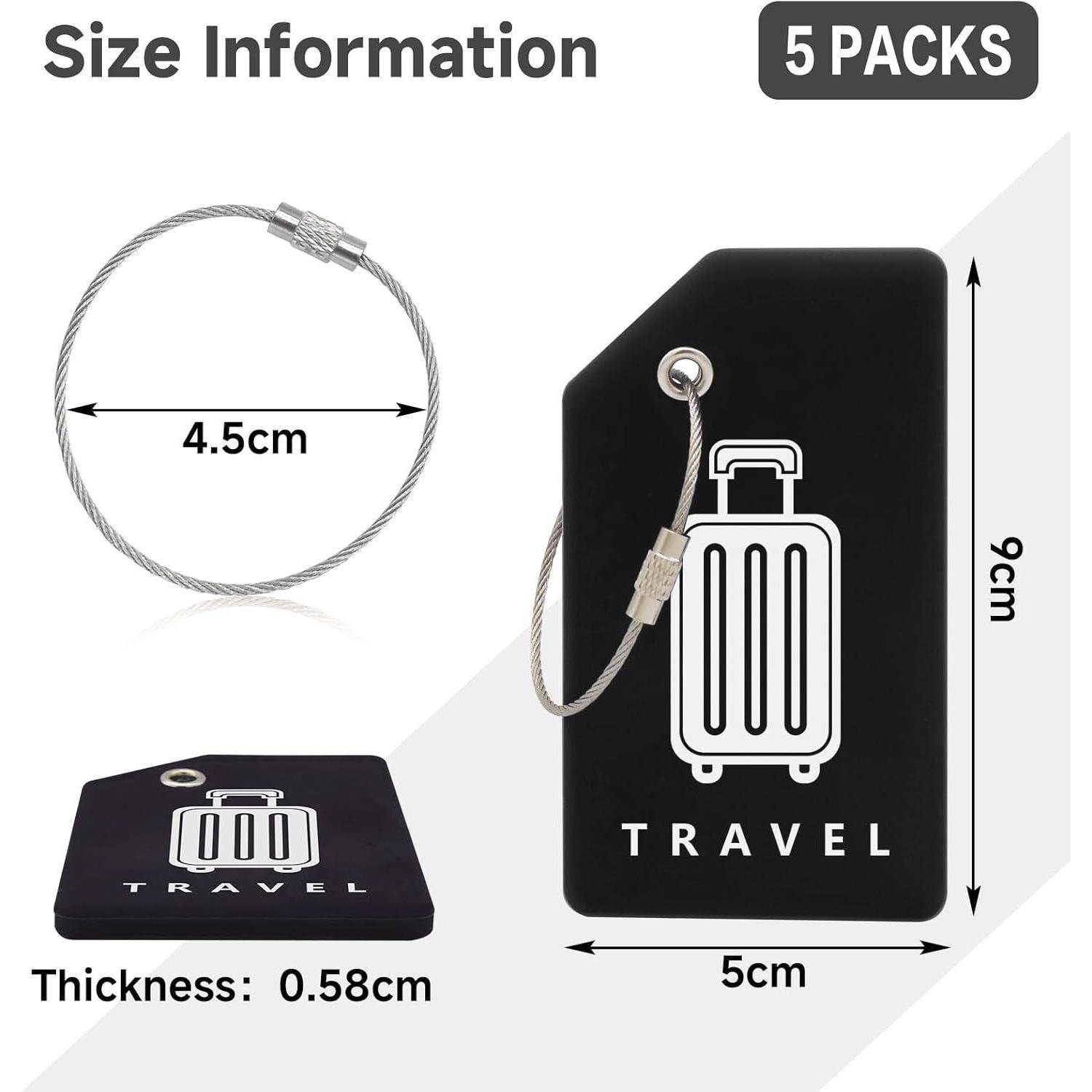 Größeninformationen-Grafik für 5 Reisegepäckanhänger: Anhänger misst 5 cm breit, 9 cm hoch, 0,58 cm dick; Kabelschleifen-Durchmesser 4,5 cm.
