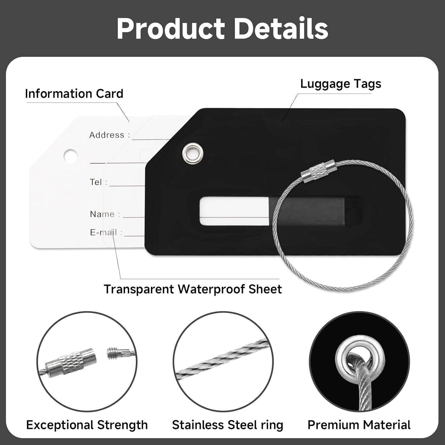 Produktdetails eines Kofferanhängers: schwarzes Etikett mit Stahlseil und durchsichtiger wasserdichter Informationskarte; eingefügte Verweise zeigen außergewöhnliche Festigkeit, Edelstahlring und Premium-Material.