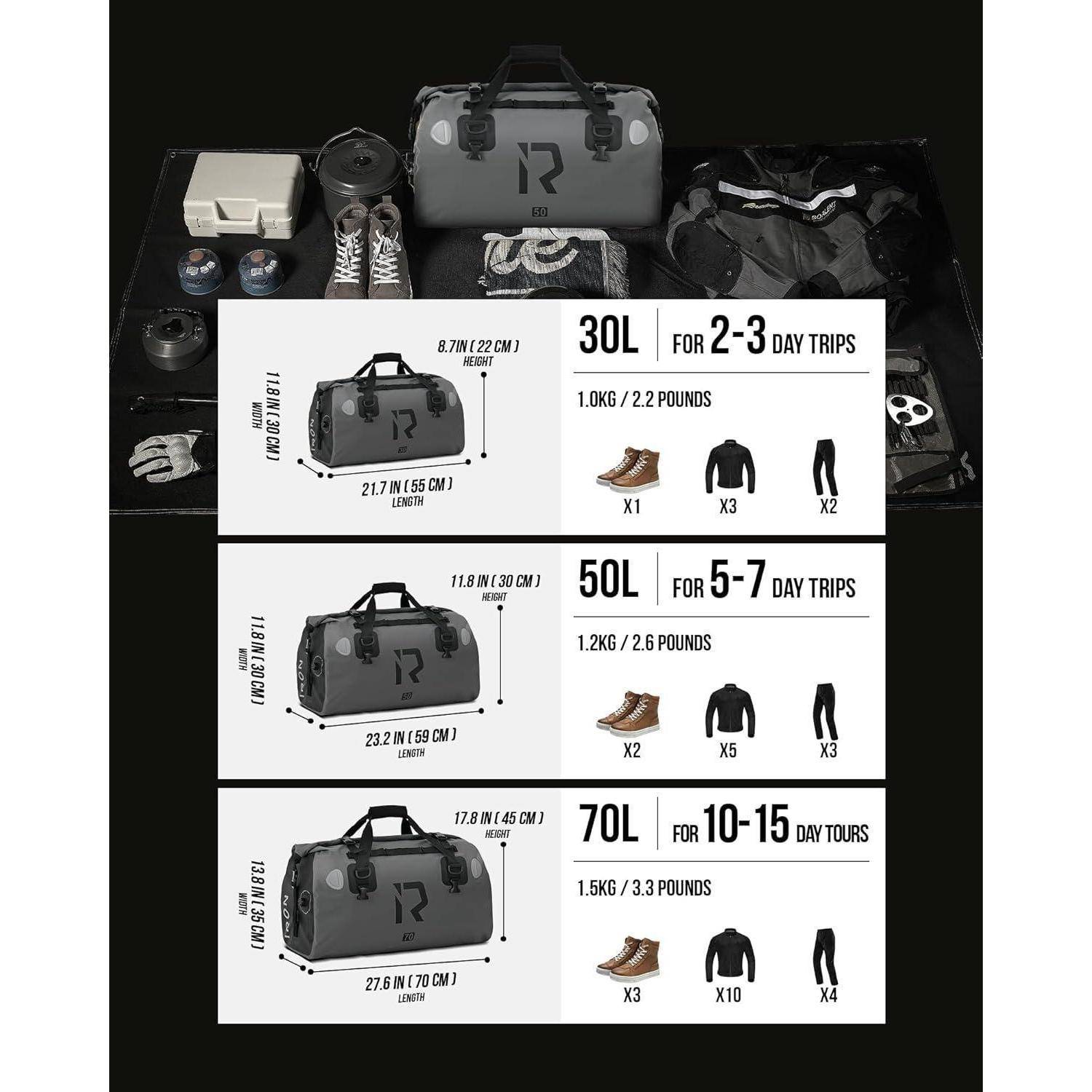 BORLENI Motorrad Hecktasche Gepäckrolle wasserdicht 50L – Premium Motorradtasche mit Rolltop, Reflektoren &amp; MOLLE-System, als Reisetasche/Satteltas