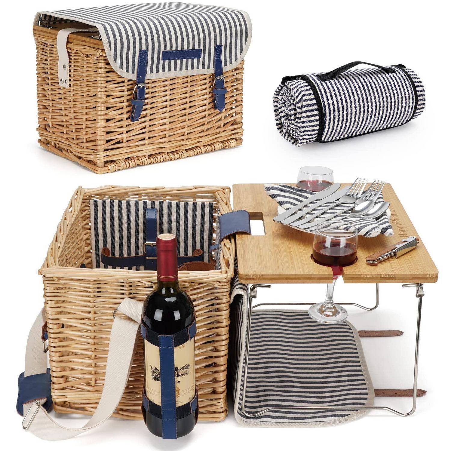 Weidenkorb Picknickkorb für 2 Personen Picknickset, Weidenkorb Service Geschenkset mit Bambus Weintisch mit Metallbeinen für Camping und Outdoor Par
