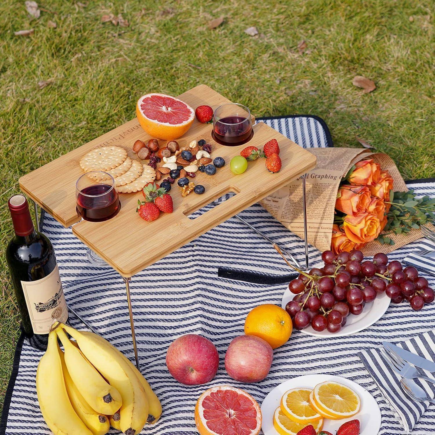 Weidenkorb Picknickkorb für 2 Personen Picknickset, Weidenkorb Service Geschenkset mit Bambus Weintisch mit Metallbeinen für Camping und Outdoor Par