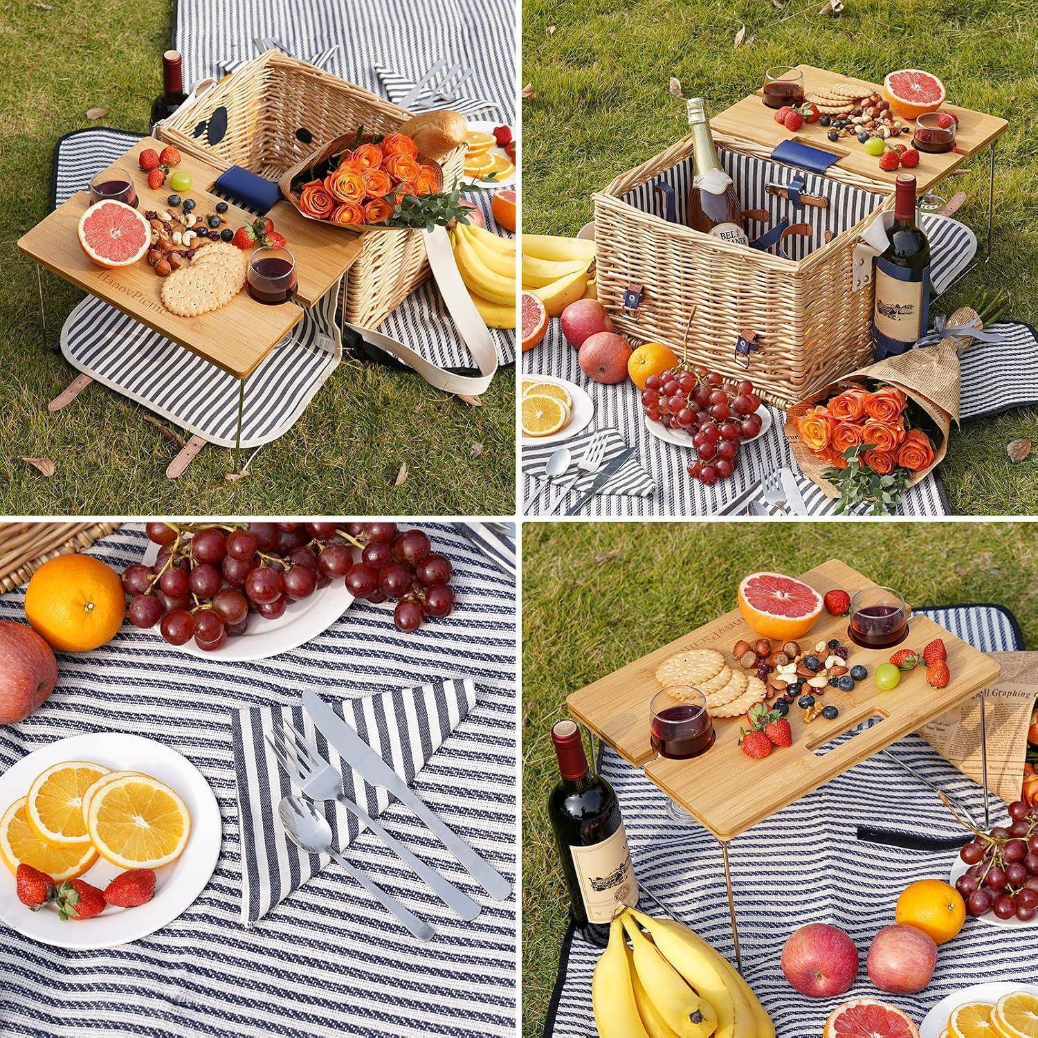 Weidenkorb Picknickkorb für 2 Personen Picknickset, Weidenkorb Service Geschenkset mit Bambus Weintisch mit Metallbeinen für Camping und Outdoor Par