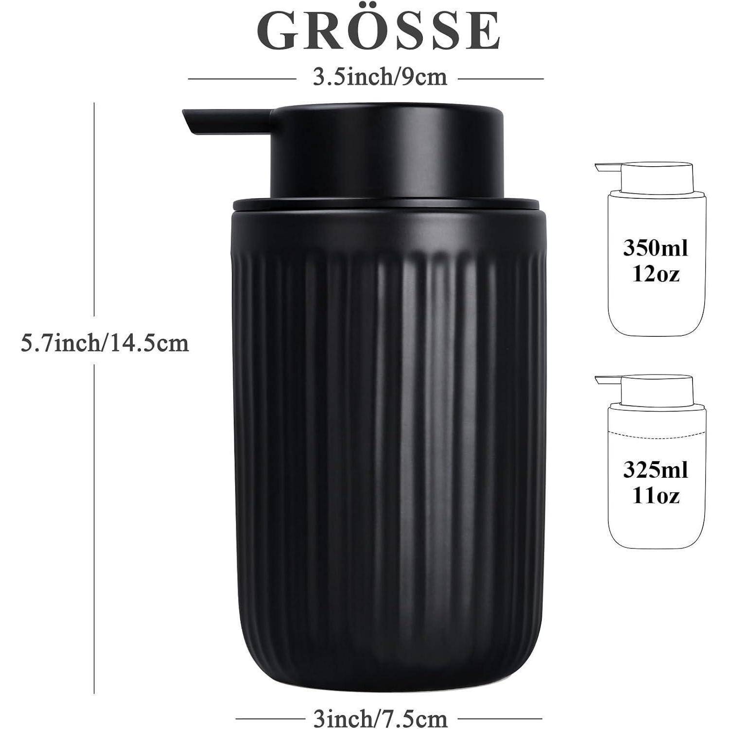 Schwarze gerillte Pumpenspender-Flasche mit Abmessungen von 5,7 Zoll x 3,5 Zoll, Größenvergleich 350 ml/12 oz und Umriss 325 ml/11 oz.