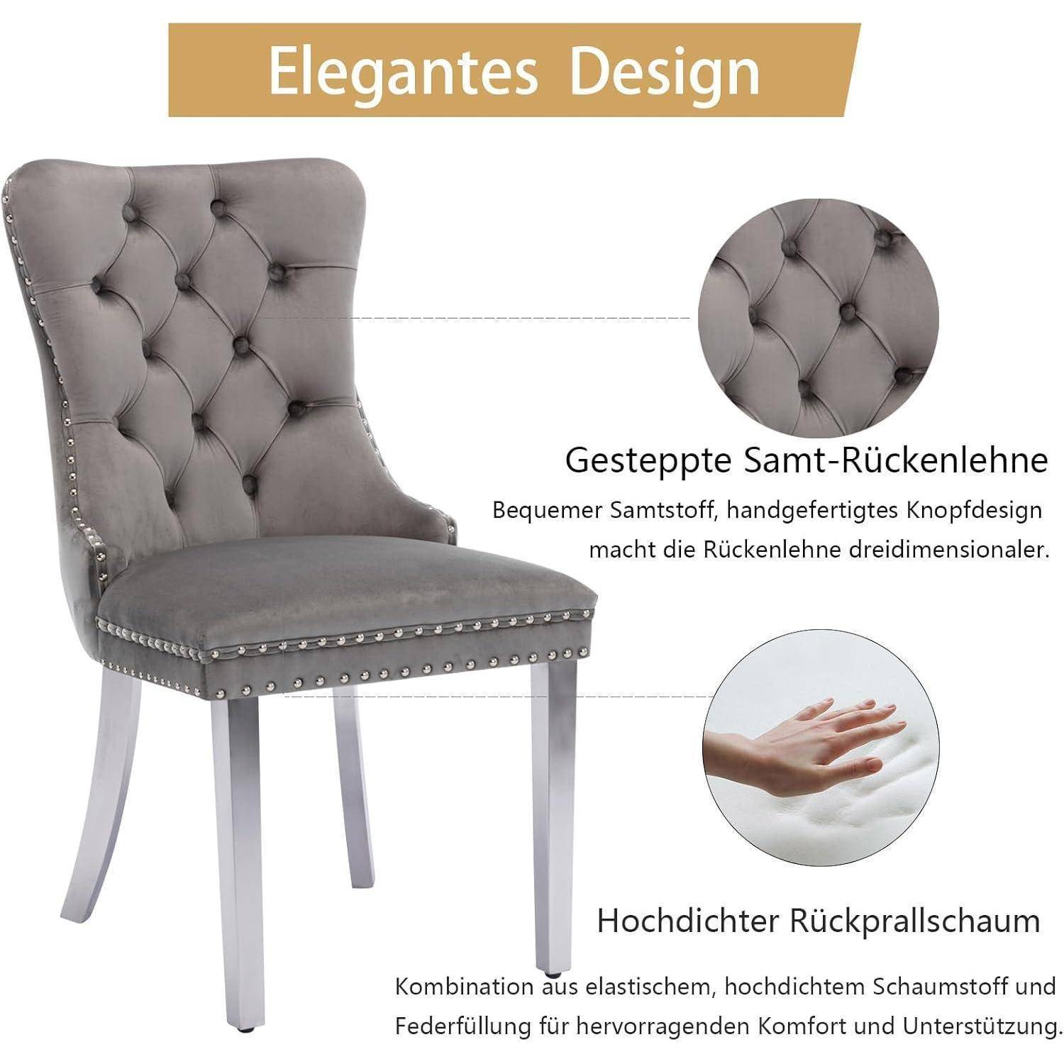 Grauer gepolsterter Esszimmerstuhl mit gesteppter Rückenlehne und silbernen Beinen, als elegantes Design gekennzeichnet; eingefügte Nahaufnahmen zeigen die knopfgesteppte Stoffoberfläche und die Schaumstoffpolsterung für Komfort.