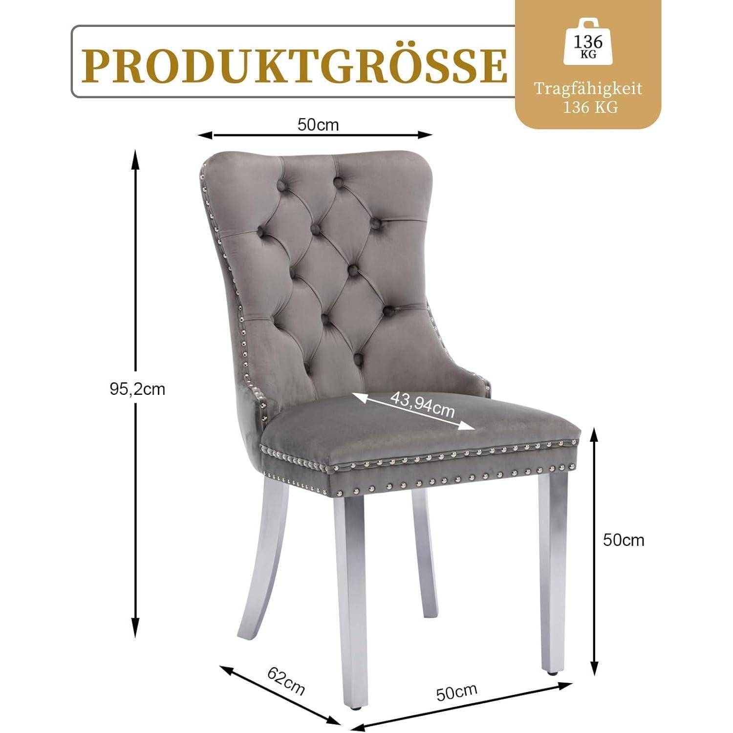Größendiagramm für grauen gepolsterten Esszimmerstuhl mit 95,2 cm Höhe, 50 cm Sitzbreite/Sitztiefe, 62 cm Frontbreite und 136 kg Tragfähigkeit.