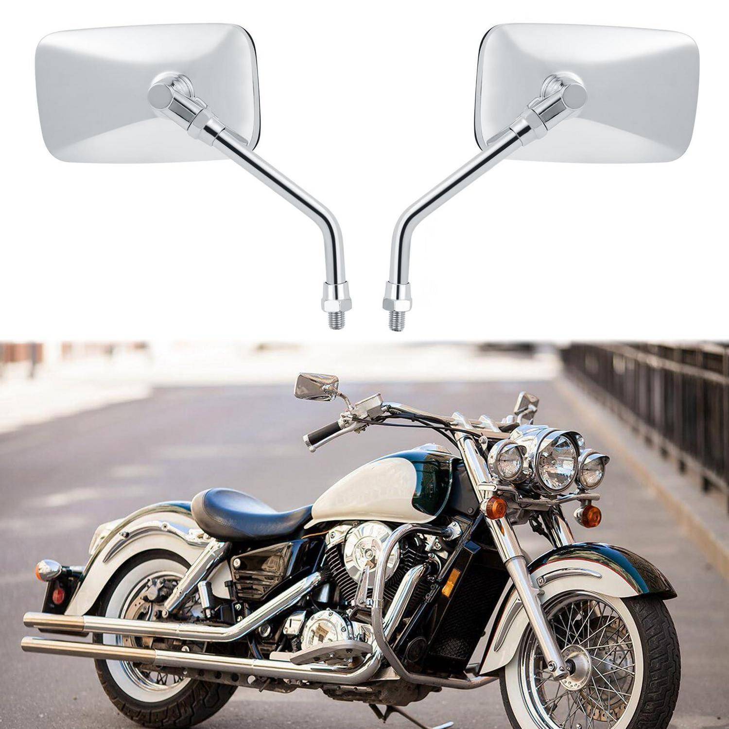 Motorrad mit zwei verchromten Seitenspiegeln, die darüber gezeigt werden und die Spiegelersetzung oder den Spiegelvergleich veranschaulichen.