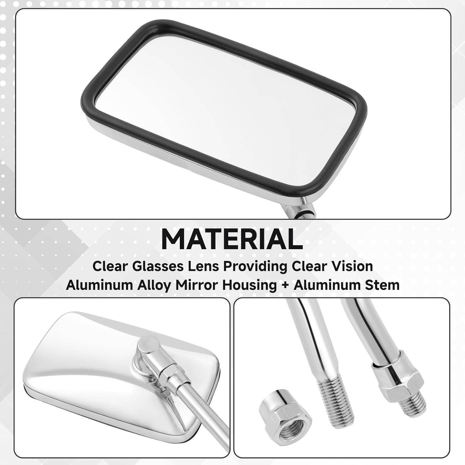 Infografik eines rechteckigen Spiegels mit Materialien: klare Glaslinse, Gehäuse aus Aluminium-Legierung und Aluminiumschaft.
