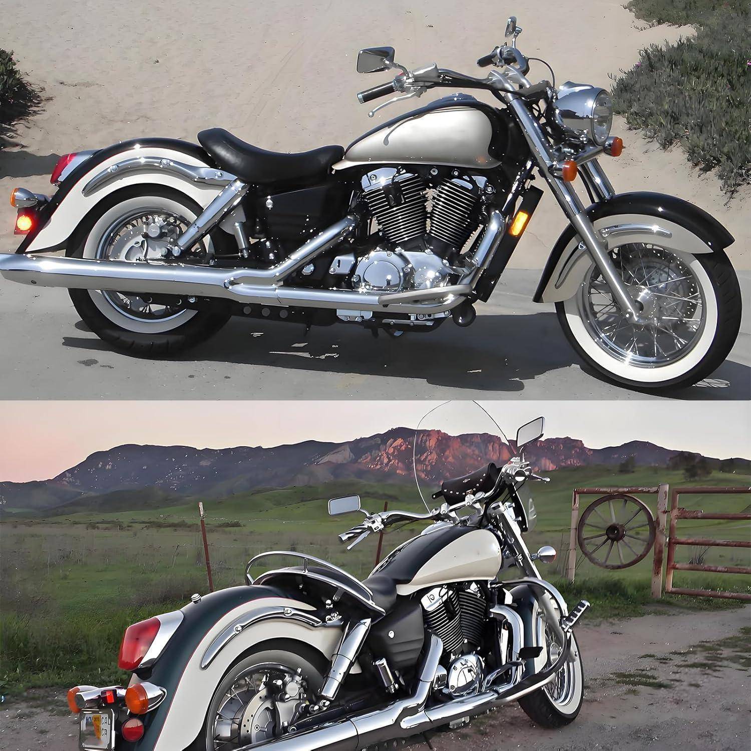 Zwei Ansichten eines cremefarbenen und schwarzen Cruiser-Motorrades mit Chromdetails und Weißwandreifen, gezeigt parkend auf Asphalt und in einer ländlichen Landschaft mit Bergen.