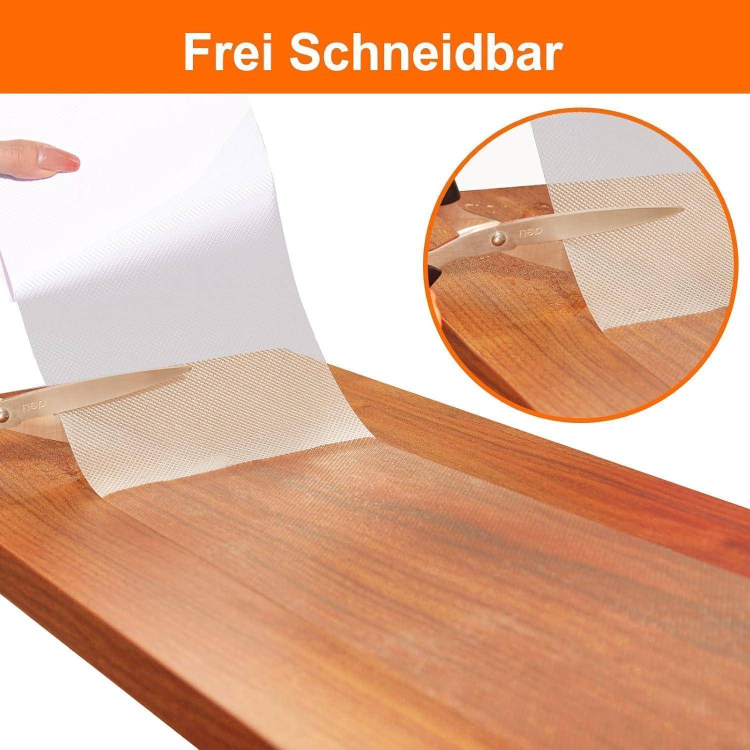 Schere schneidet ein flexibles transparentes Blatt auf einer Holzoberfläche, mit eingefügter Nahaufnahme; Text liest „Frei Schneidbar".