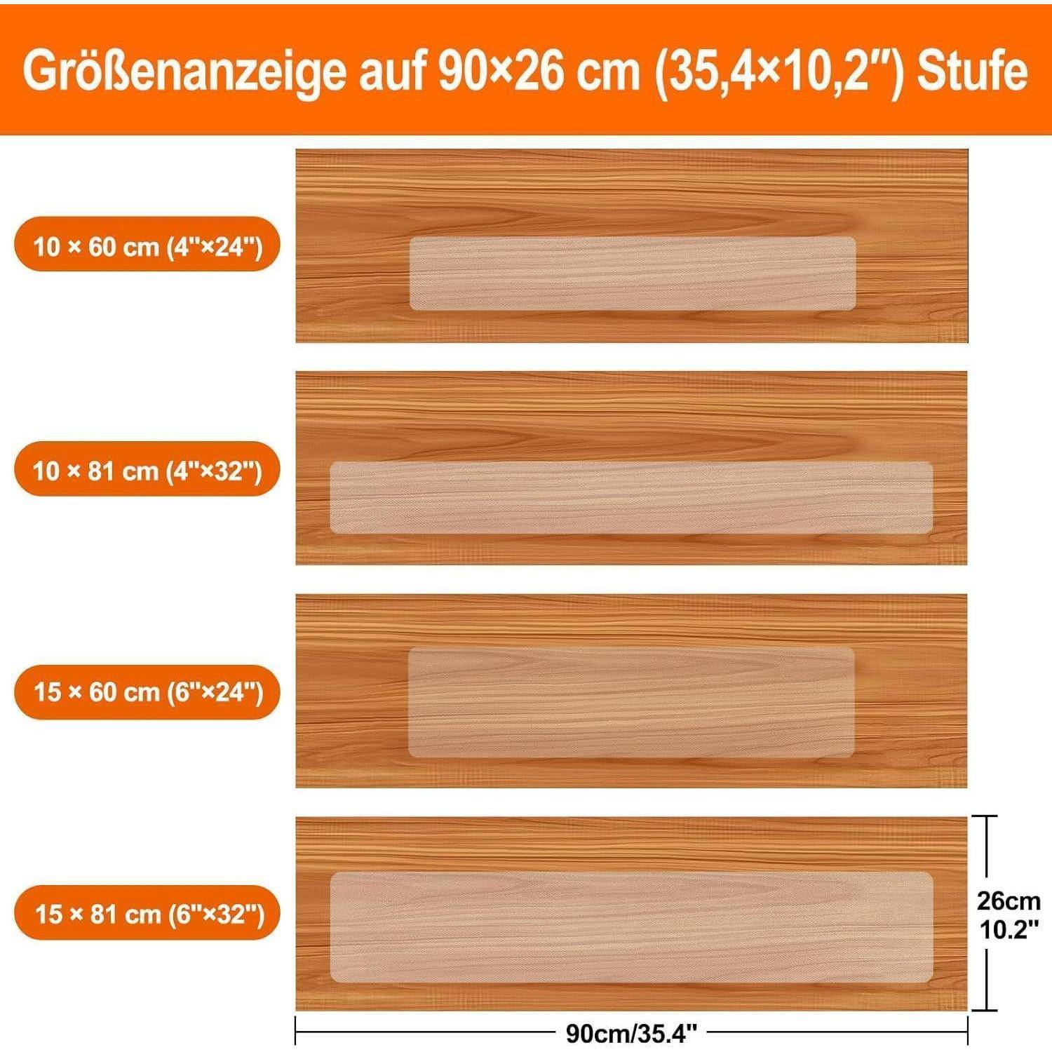 Größentabelle für Holztreppenstufen auf einer 90 x 26 cm Treppe: zeigt vier verfügbare Stufengrößen, 10 x 60, 10 x 81, 15 x 60 und 15 x 81 cm.