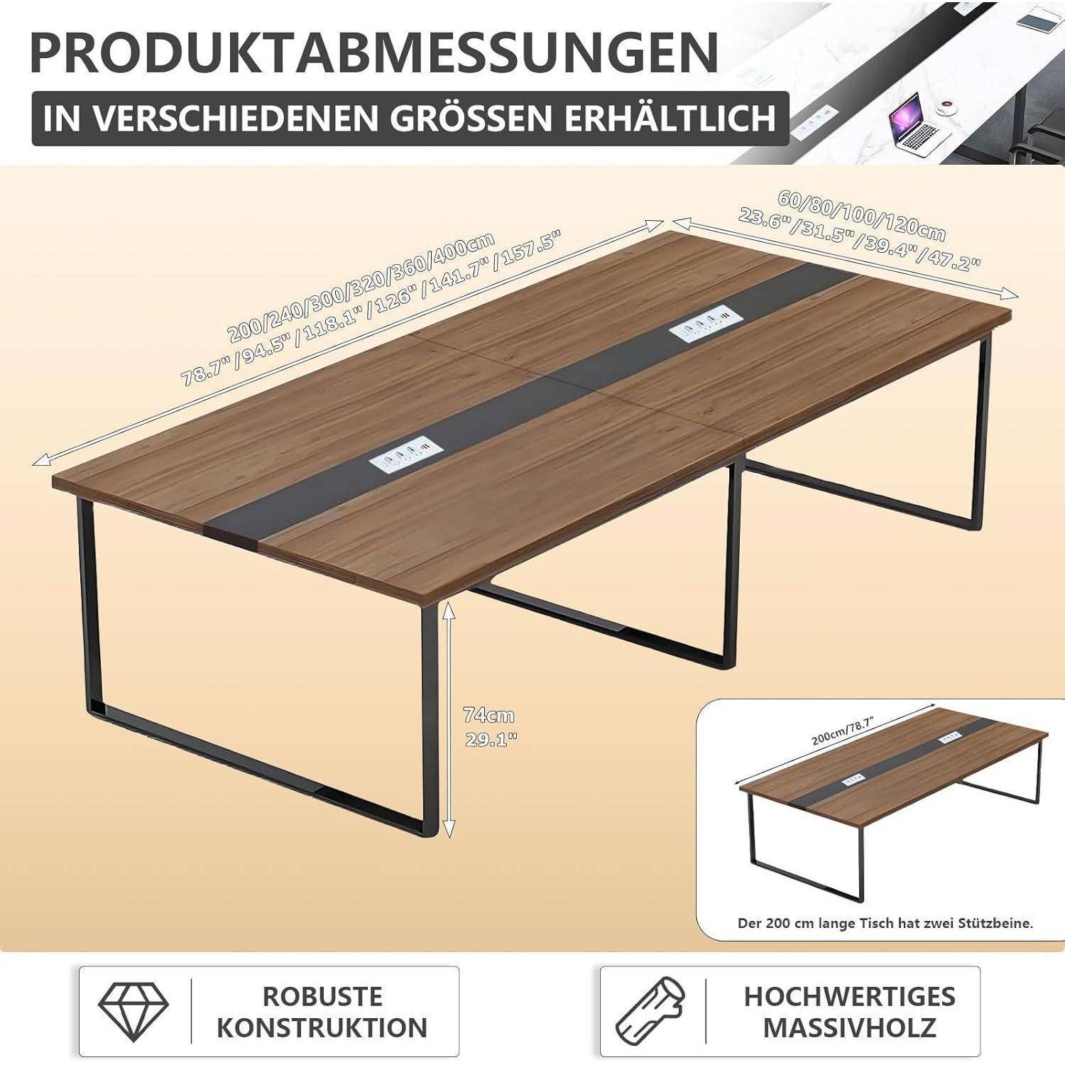 Produktgrößen-Infografik, die einen Holzschreibtisch mit schwarzen Metallbeinen zeigt, erhältlich in mehreren Längen und einer Höhe von 74 cm; hebt robuste Konstruktion und hochwertige Holzqualität hervor.