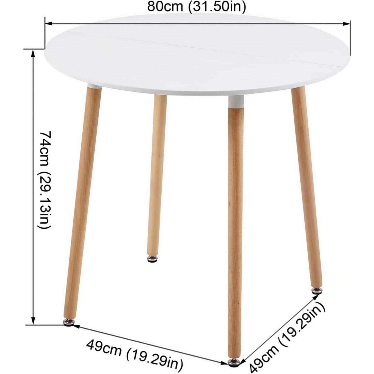 Runder weißer Tisch mit vier Holzbeinen, dargestellt mit folgenden Maßen: 80 cm breit, 74 cm hoch und 49 cm Beinabstand.