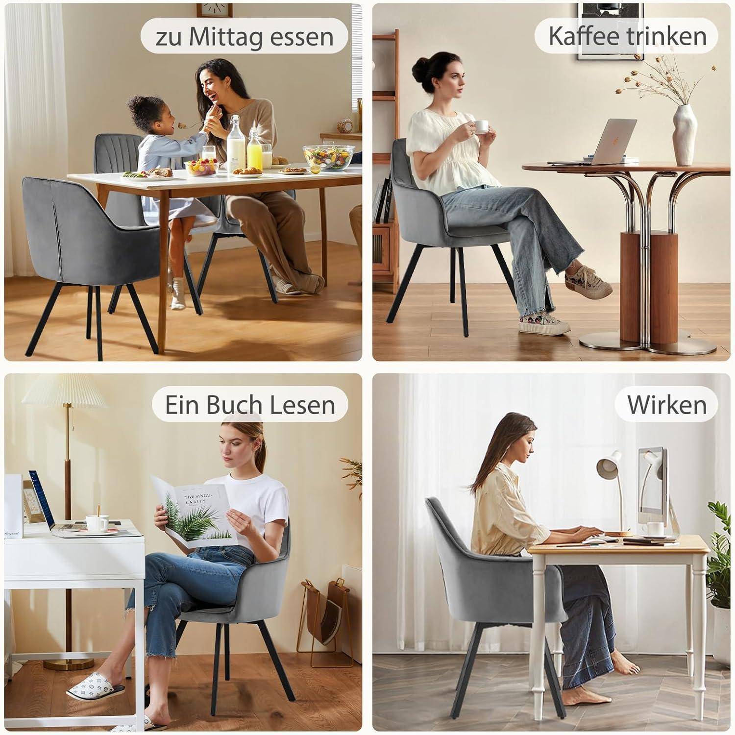 Vierpanel-Collage einer Frau in einem grauen Stuhl an einem kleinen Tisch: Mittagessen mit einem Kind, Kaffee trinken, ein Buch lesen und an einem Laptop arbeiten.