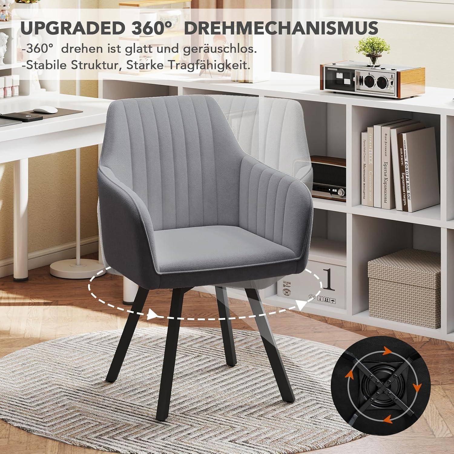 Grauer Polsterstuhl mit Text „UPGRADED 360° DREHMECHANISMUS
