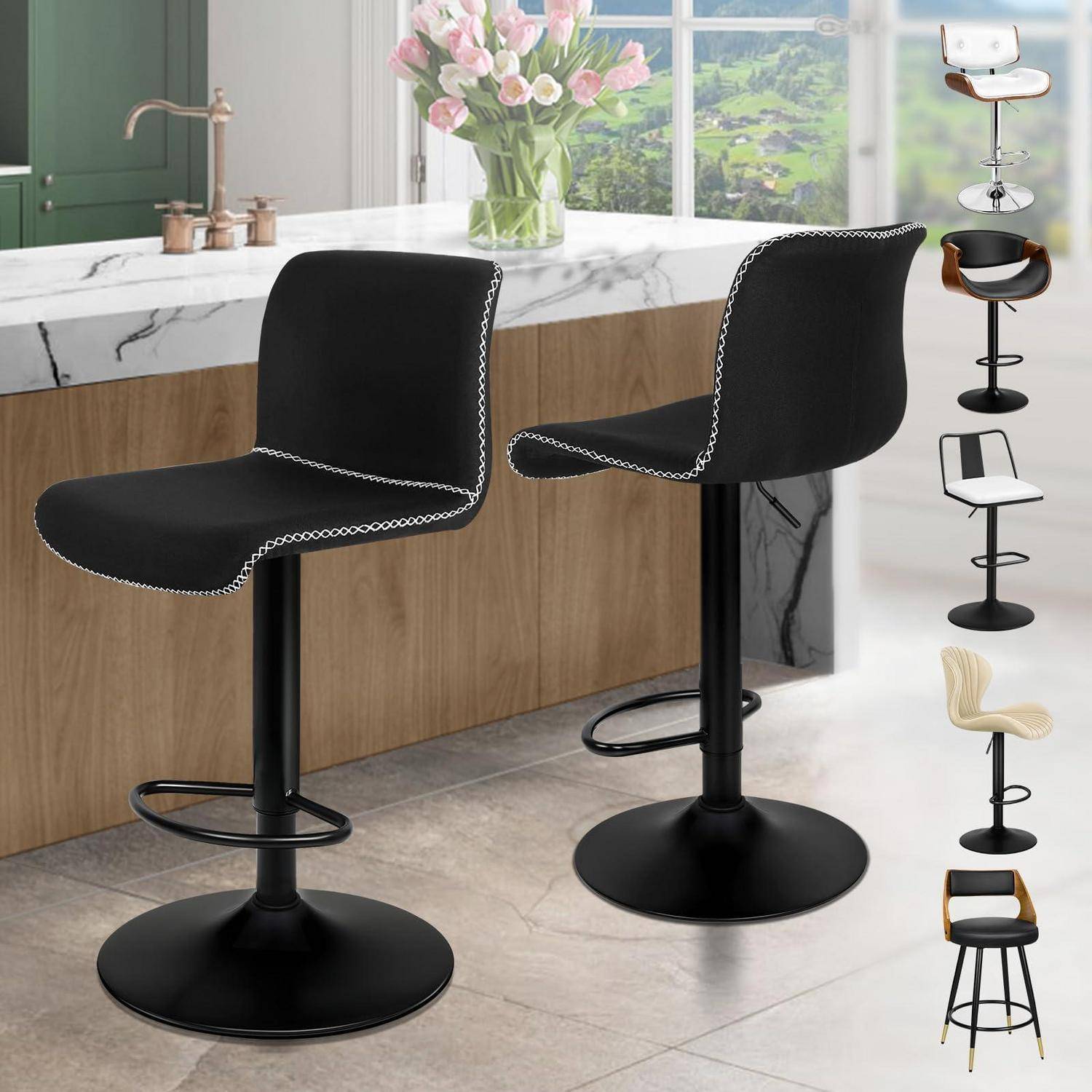 Moderne schwarze drehbare Barhocker mit geschwungenen Sitzen und runden Sockeln in einer Küche; kleinere Bilder zeigen Farbvarianten.