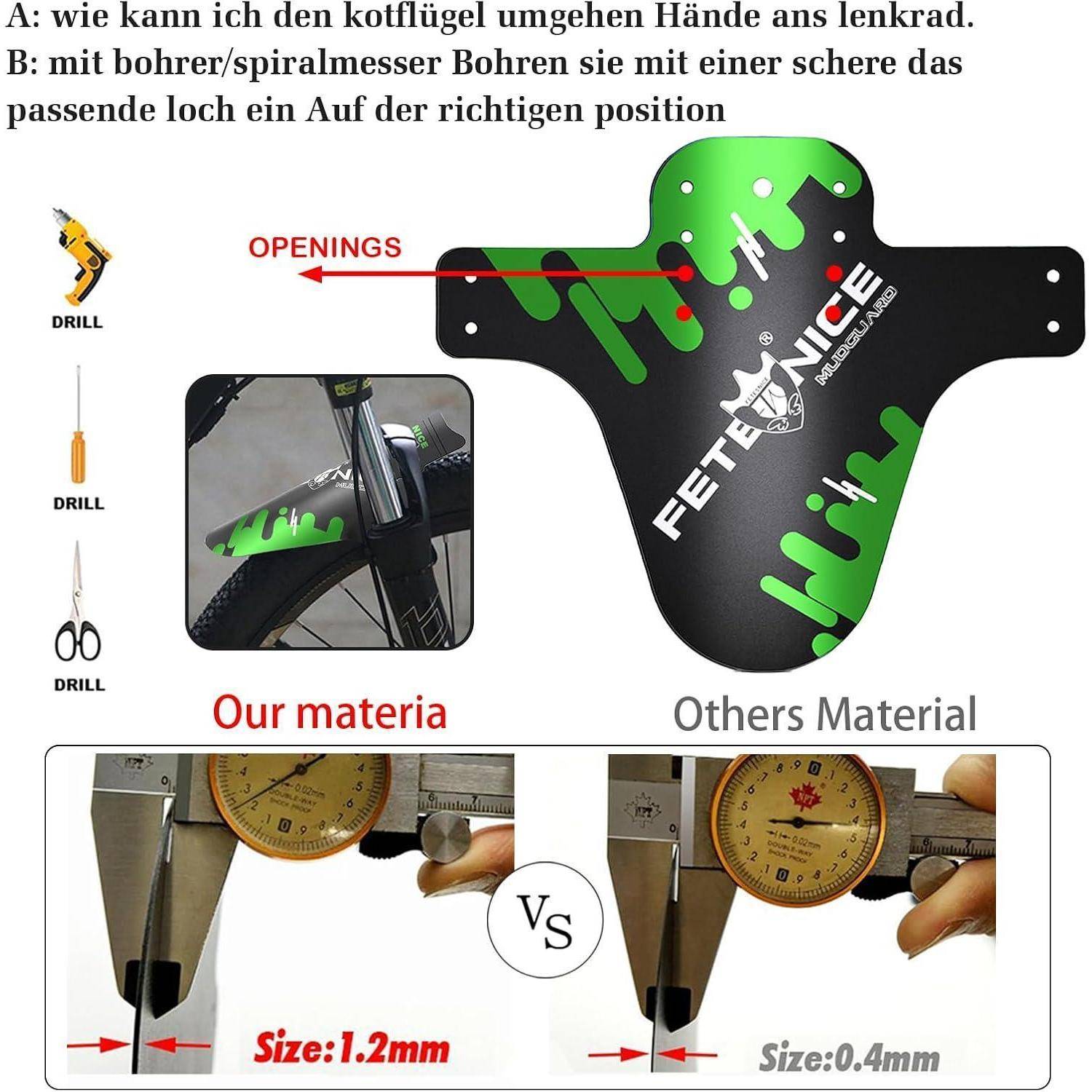 Anleitungsgrafik, die eine an einem Fahrrad montierte Schutzblech zeigt, das durch Bohren entsprechender Löcher angebracht wird; vergleicht „Unser Material" 1,2 mm mit „Material anderer"" 0,4 mm und hebt die bessere Passform hervor.