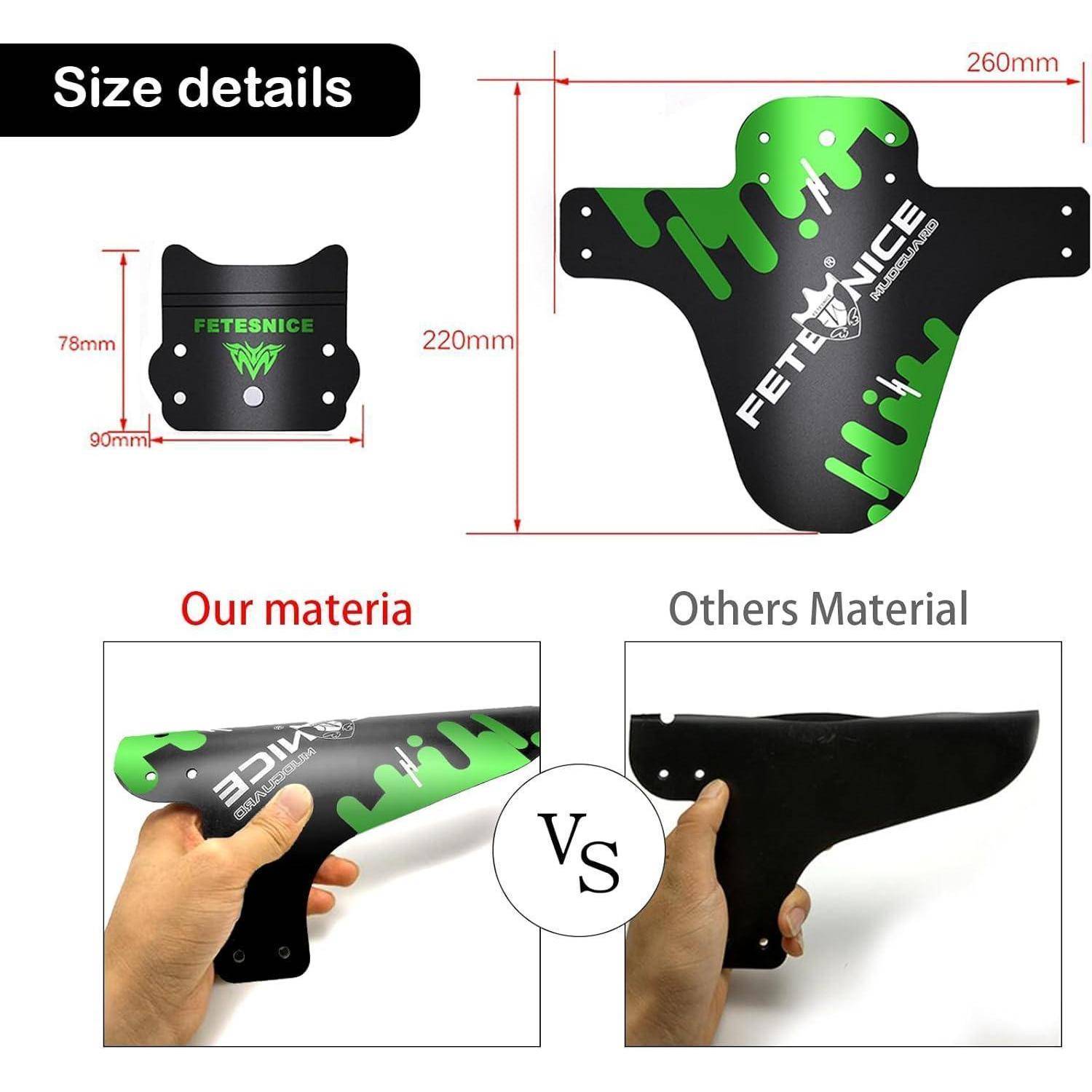 Vergleichsgrafik mit Fahrrad-Schutzblech-Größendetails (260 mm x 220 mm), mit „Unser Material" gegenüber „Material anderer""; unsere Version ist in Grün-Schwarz gezeigt und wird in der Hand gehalten.