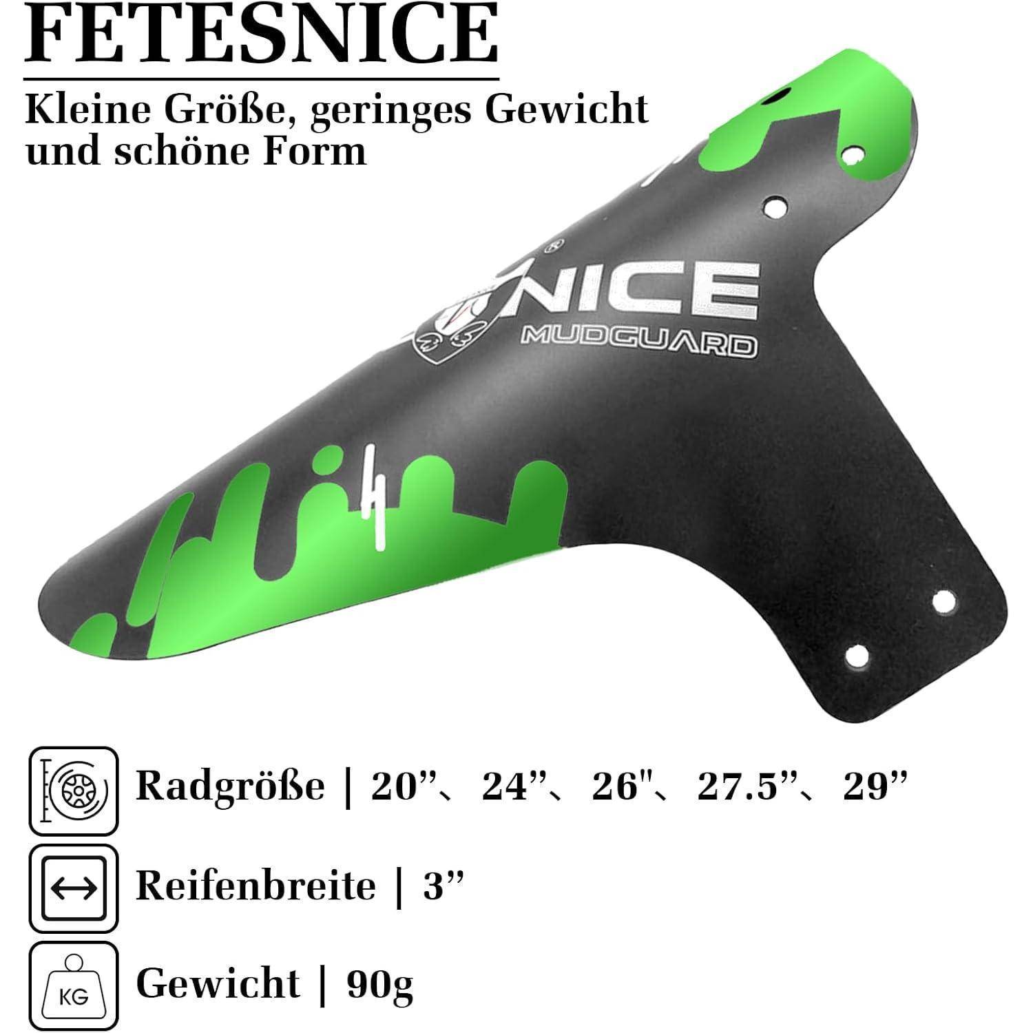 Produktbild einer schwarzgrünen FETSNICE-Fahrradsschutzblech mit deutscher Beschriftung, die kleine Größe, geringes Gewicht und Eignung für 20-29-Zoll-Räder und 3-Zoll-Reifen hervorhebt.