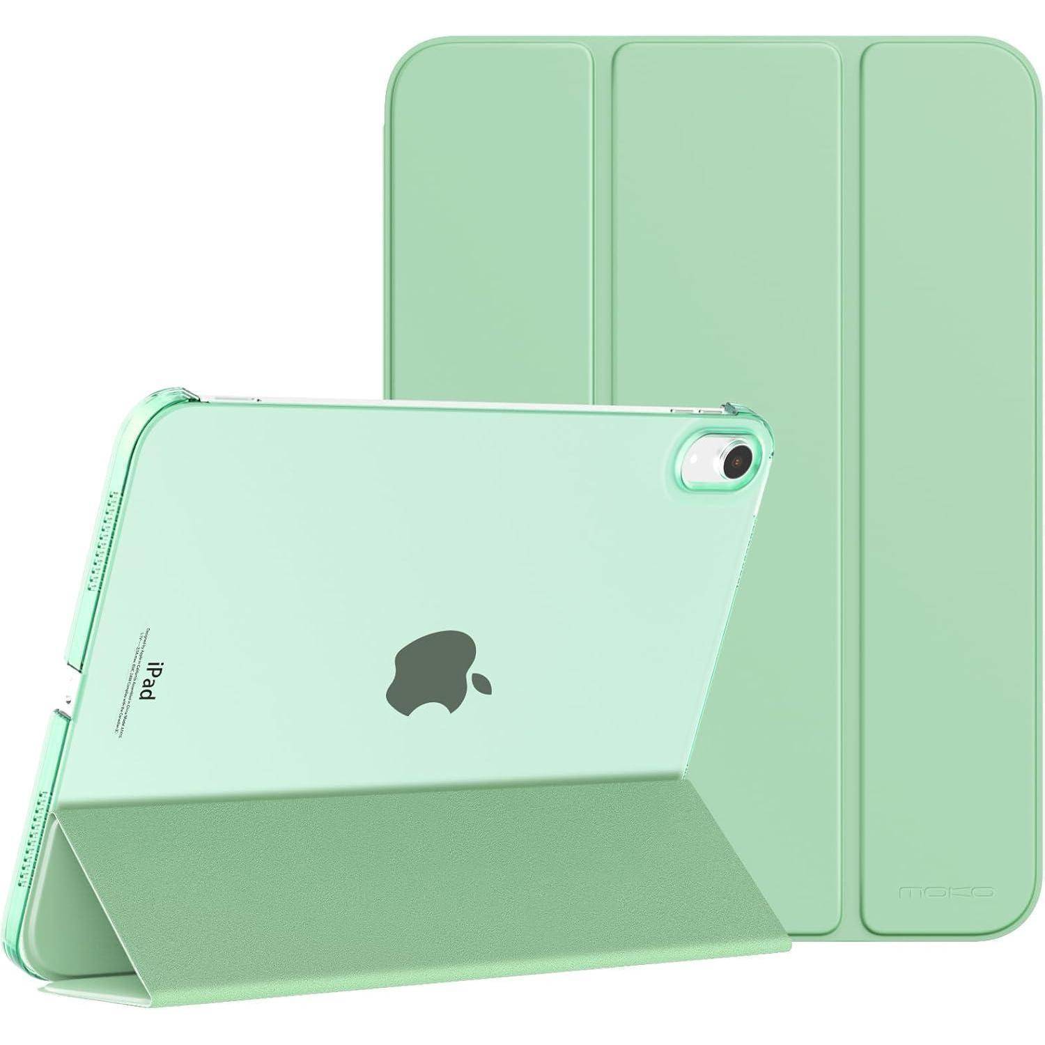 Mintgrünes iPad mit Folio-Schutzhülle von vorne und hinten gezeigt, aufgestellt in einer dreieckigen Stützposition vor weißem Hintergrund.