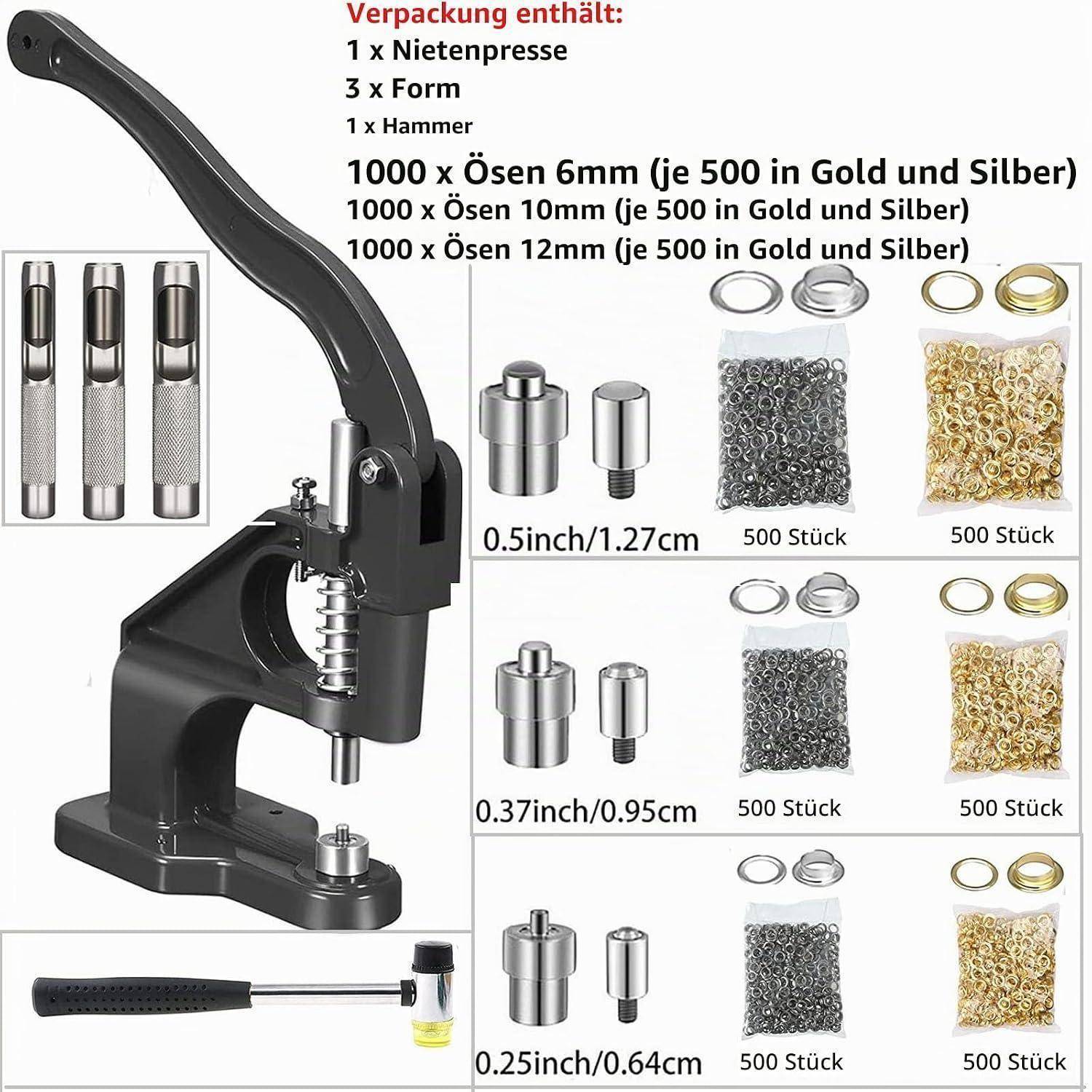 Aktionsbild eines manuellen Ösenpressen-Sets mit enthaltenen Matrizen, Hammer und 1.000 Ösen in den Größen 6, 10 und 12 mm, dargestellt in Silber und Gold.