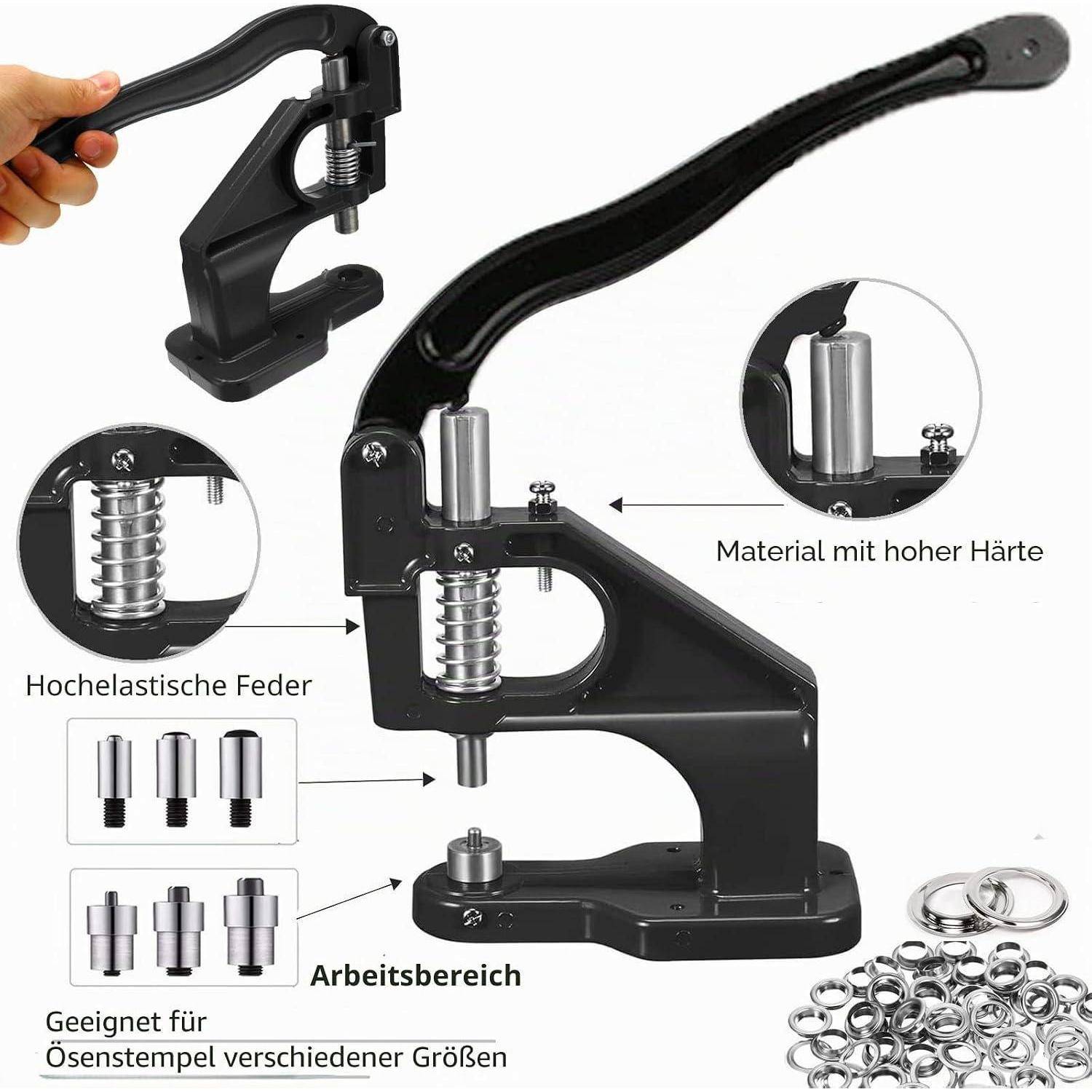 Produktfoto einer robusten Metallösenpressen mit langem Hebel, federbeladenem Mechanismus, austauschbaren Stanzwerkzeugen und enthaltenen Metallringen; Deutsche Etiketten heben das langlebige Material und den Arbeitsbereich hervor.