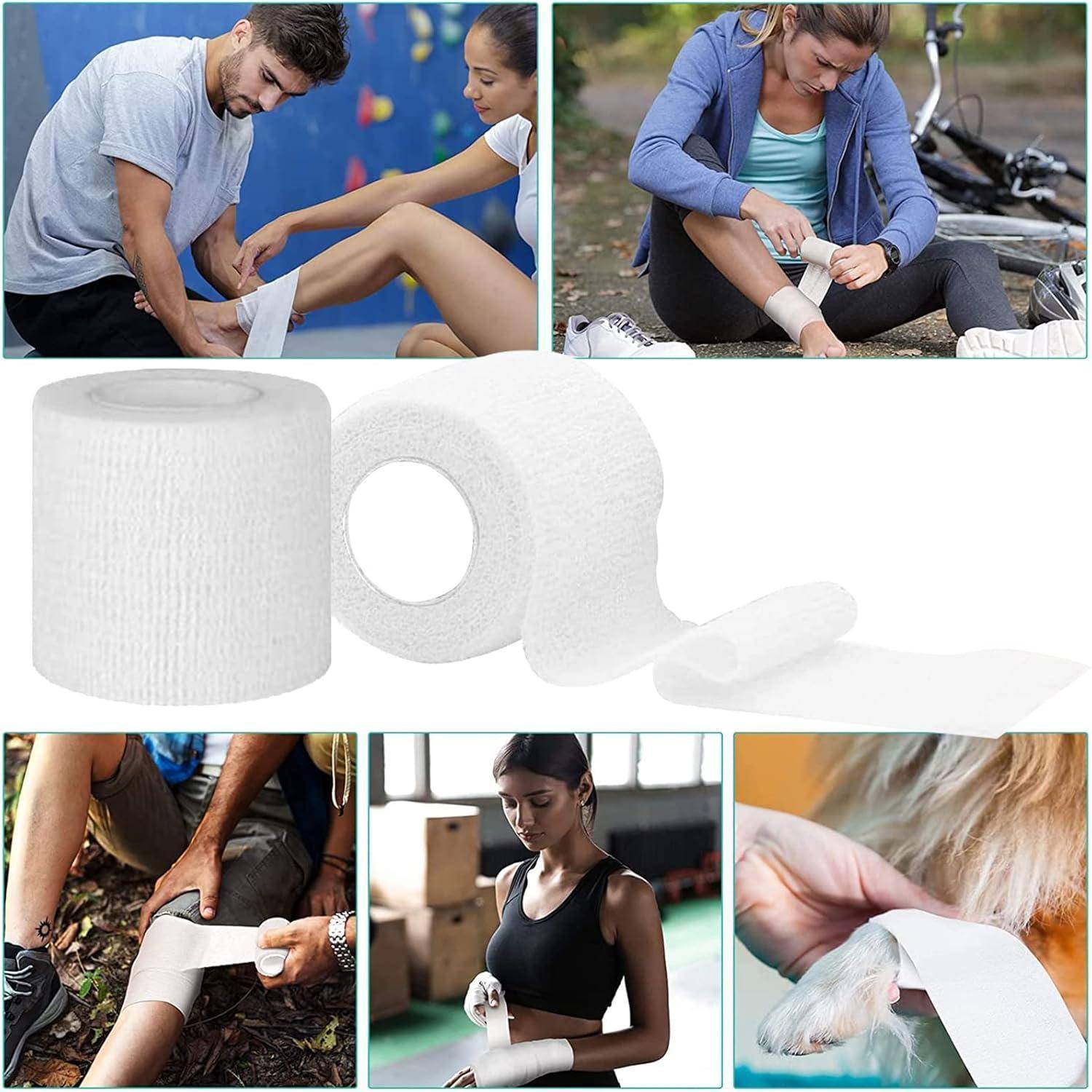 Collage mit Personen, die verletzte Arme, Beine und Handgelenke mit weißen elastischen Verbandsmaterial-Rollen wickeln, wobei erste Hilfe-Behandlung demonstriert wird.