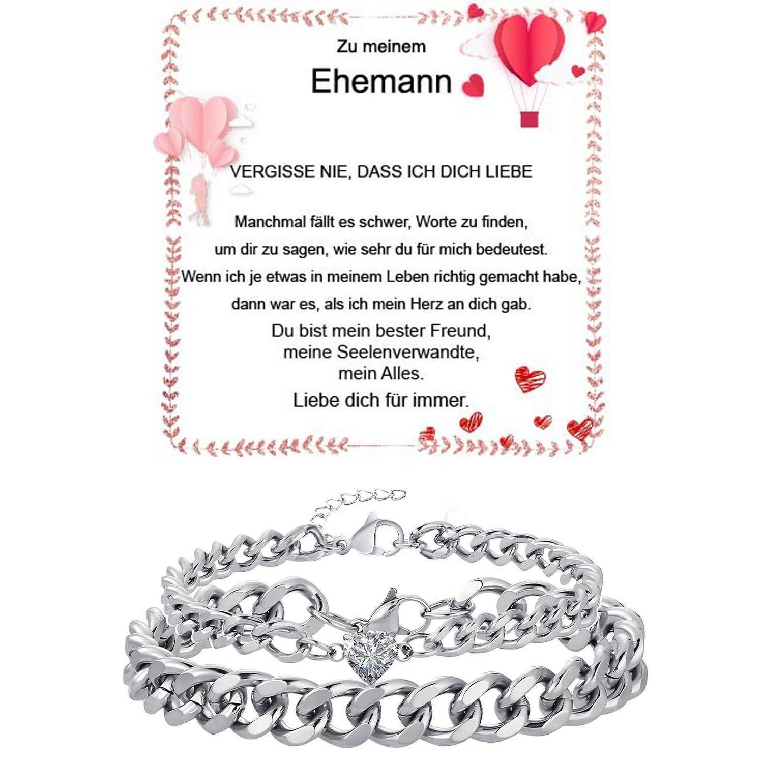 Romantisches Geschenkbild für einen Ehemann, mit deutscher Liebesbotschaft und einem silbernen Herz-Armband auf der Anzeige.