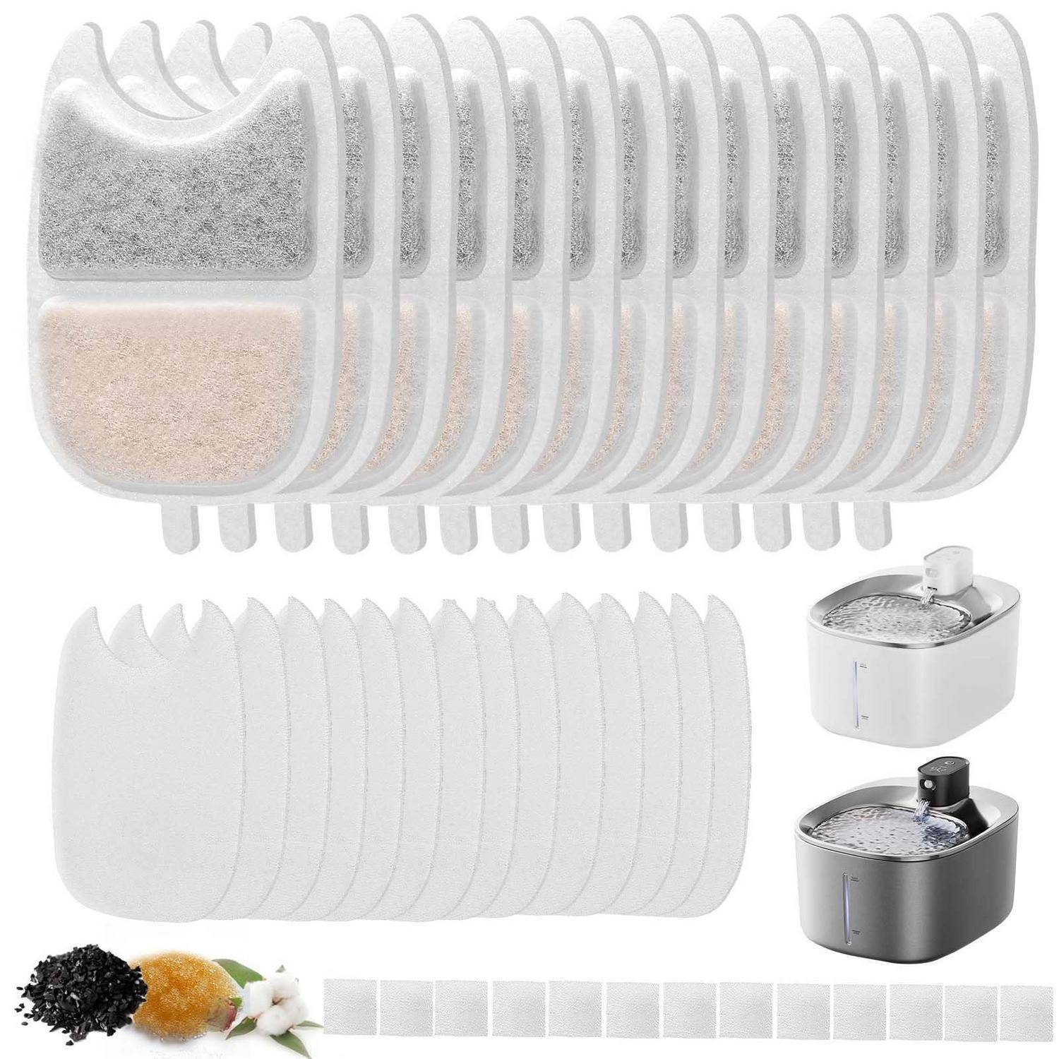 Produktbild von Ersatzfilterpads und einem kleinen weiß-schwarzen Tisch-Wasserbrunnen mit Ausguss, dargestellt mit geschichteten Filterkomponenten und Medienmuster.