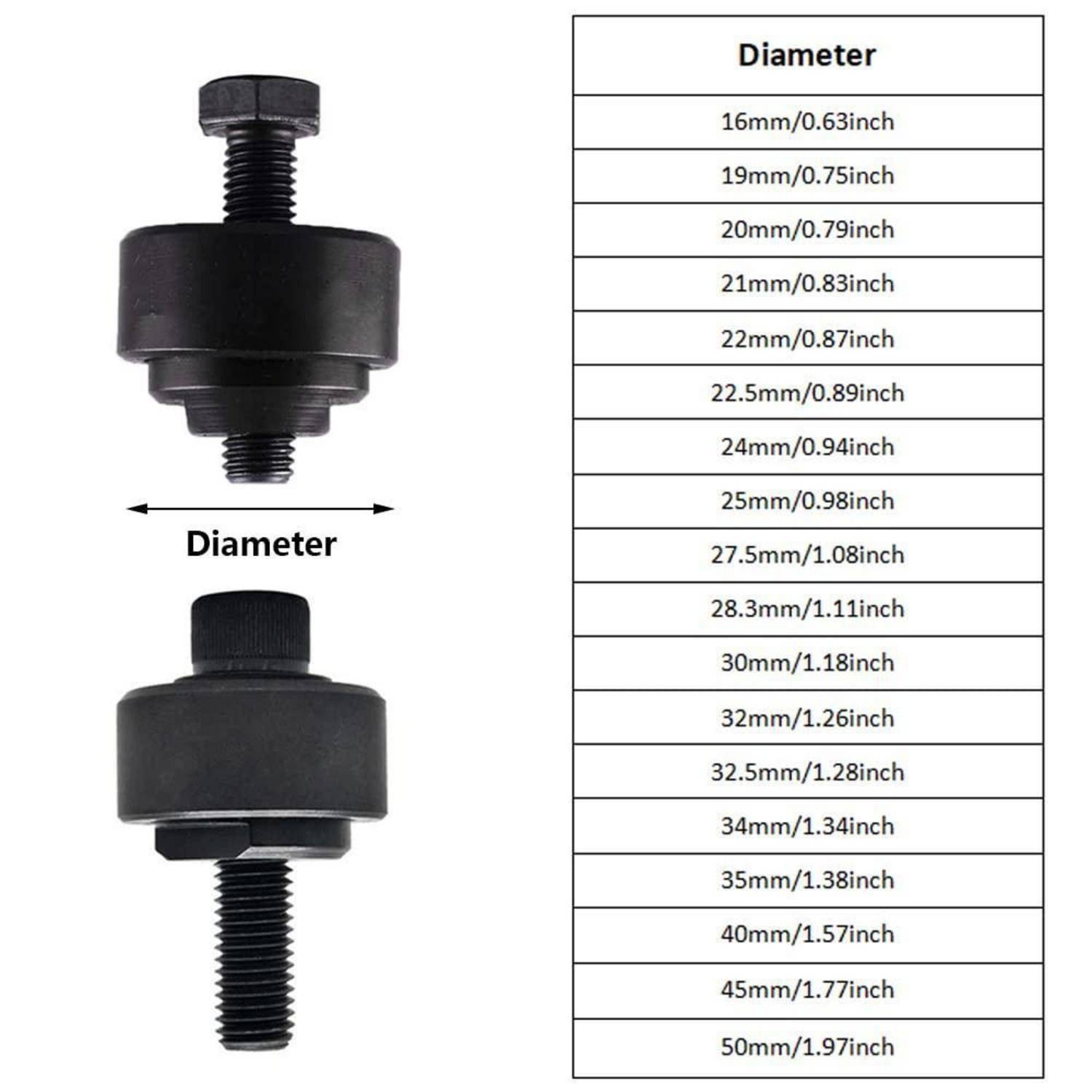 Produktdimensionstabelle zeigt ein schwarzes Gewindebolt-ähnliches Teil mit "Durchmesser""-Messungen von 16mm/0,63 Zoll bis 50mm/1,97 Zoll.