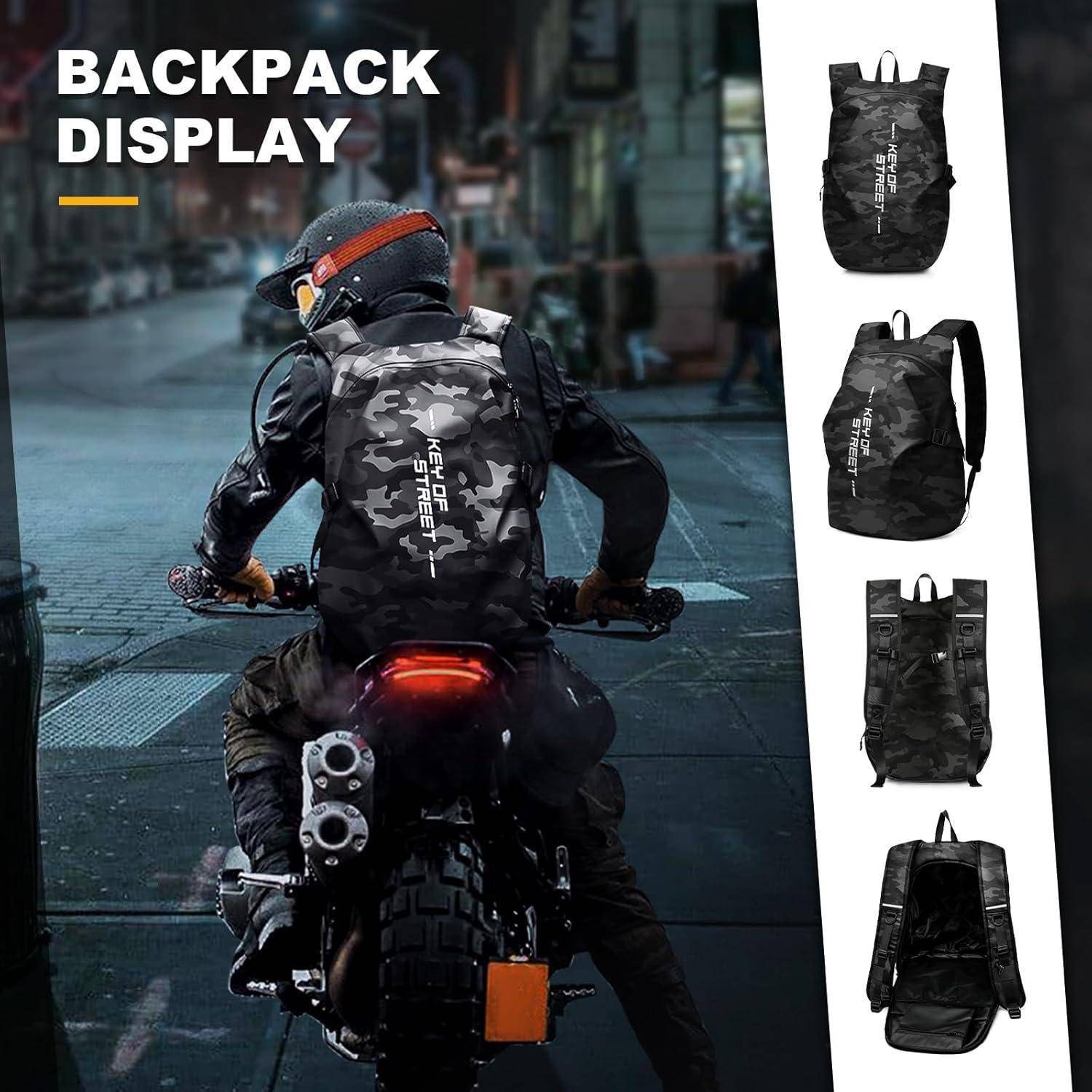 Motorradfahrer trägt einen schwarzen Camo-Rucksack „KEM STREET"; die rechte Seite zeigt vier Rucksack-Ansichten mit der Überschrift „BACKPACK DISPLAY"".
