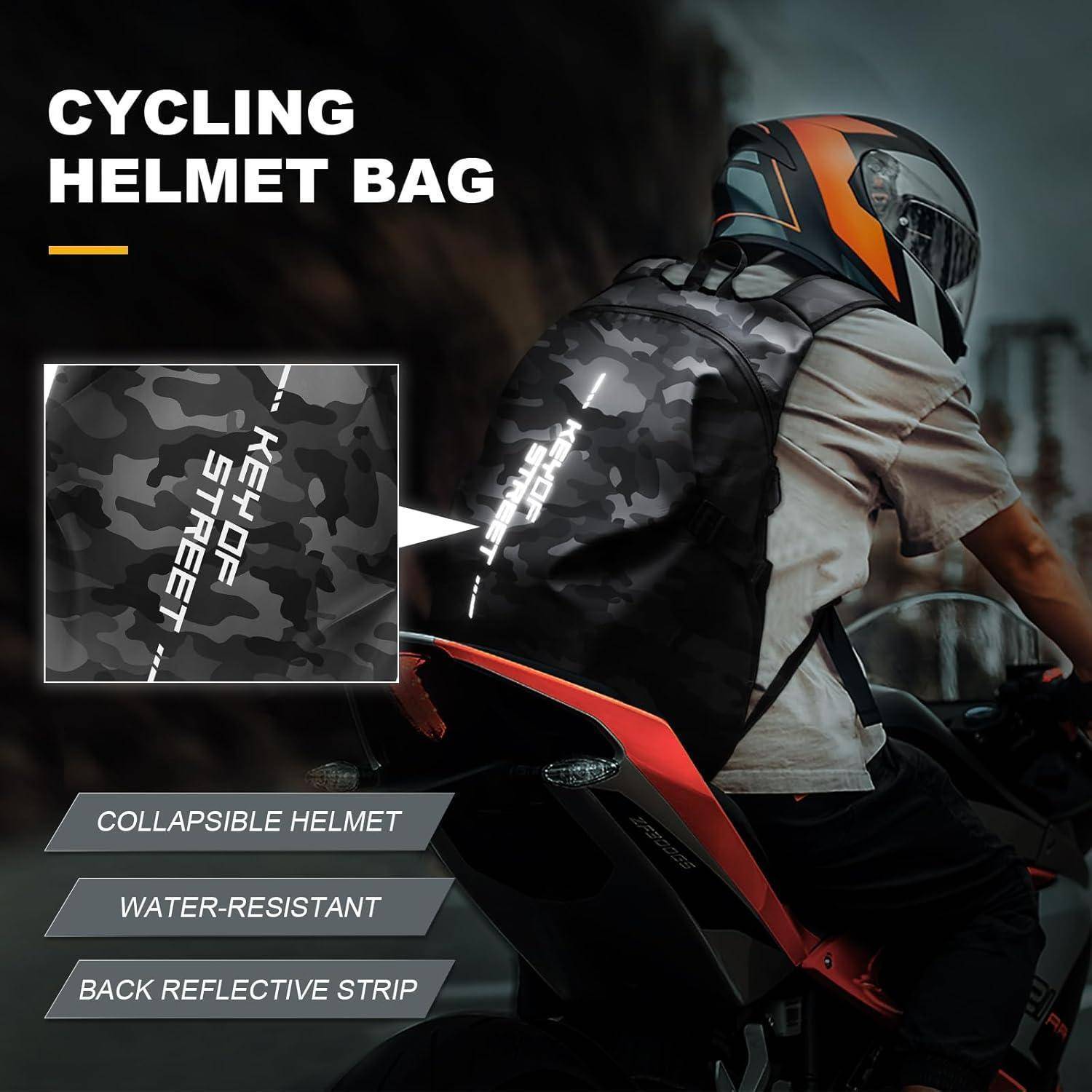 Radfahrer mit Helm und Tarnrucksack mit der Aufschrift „Fahrradhelm-Tasche", mit Beschriftungen für „Zusammenklappbarer Helm"", „Wasserabweisend"" und „Reflektierender Rückenstreifen"".