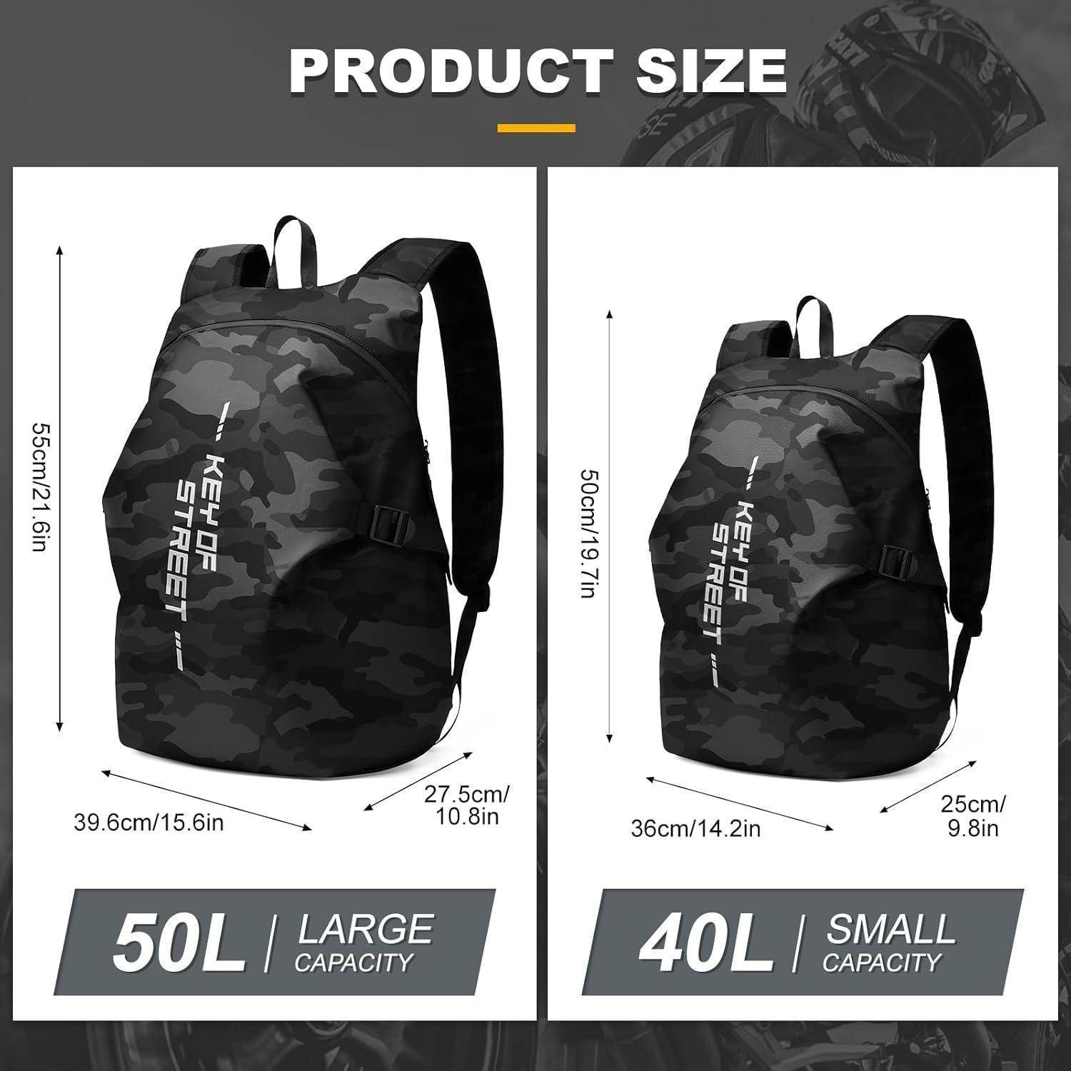 Größenvergleich für einen Tarn-Rucksack: 50L groß, 55 cm hoch, 39,6 cm breit, 27,5 cm tief; 40L klein, 50 cm hoch, 36 cm breit, 25 cm tief.