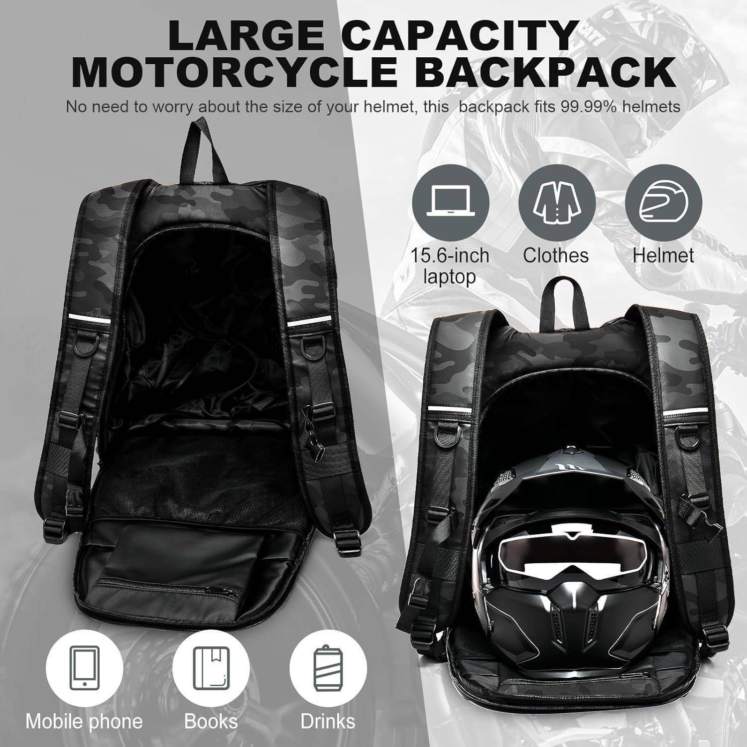 Werbebild eines großvolumigen Motorrad-Rucksacks, offen gezeigt, mit Symbolen, die angeben, dass er einen 15,6-Zoll-Laptop, Kleidung, Helm, Mobiltelefon, Bücher und Getränke fasst.