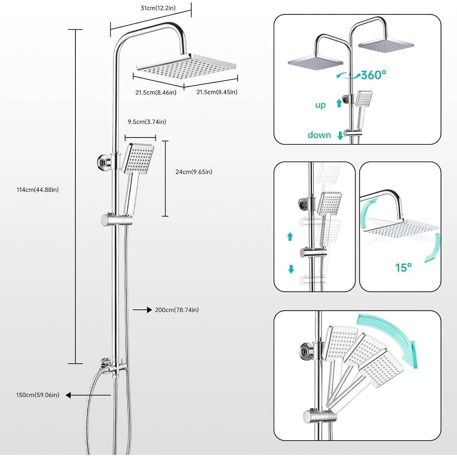 Kommentiertes Diagramm des Duscharmaturen-Systems mit quadratischem Regenbrausekopf mit Abmessungen und verstellbaren Funktionen: 360°-Drehung, Höhenverstellung nach oben/unten und 15°-Neigung.