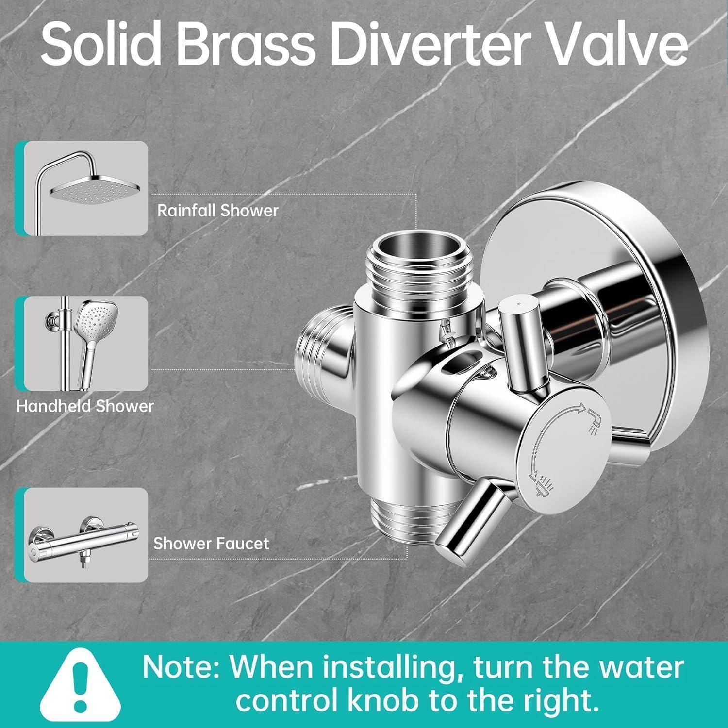 Massiver Messingbrause-Umschaltventil zum Wechseln zwischen Regendusche, Handbrause und Brausemischer; Notiz besagt, dass der Wasserkontrollknopf während der Installation nach rechts gedreht werden soll.