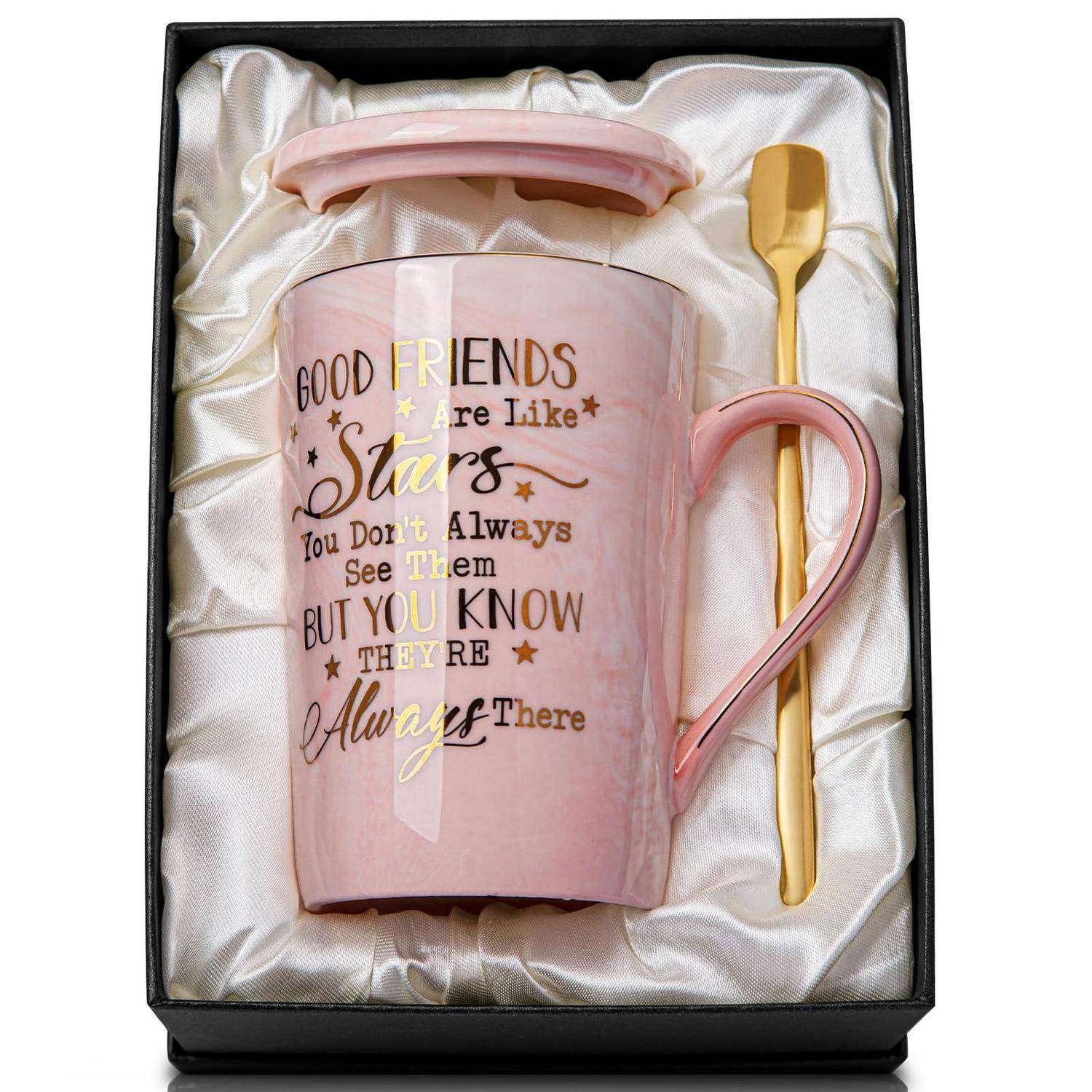 Rosa Keramiktasse Geschenkset in schwarzer Box mit Satineinlage, passendem Deckel und goldenem Löffel; Tasse mit der Aufschrift „Good Friends are Like Stars... Always There