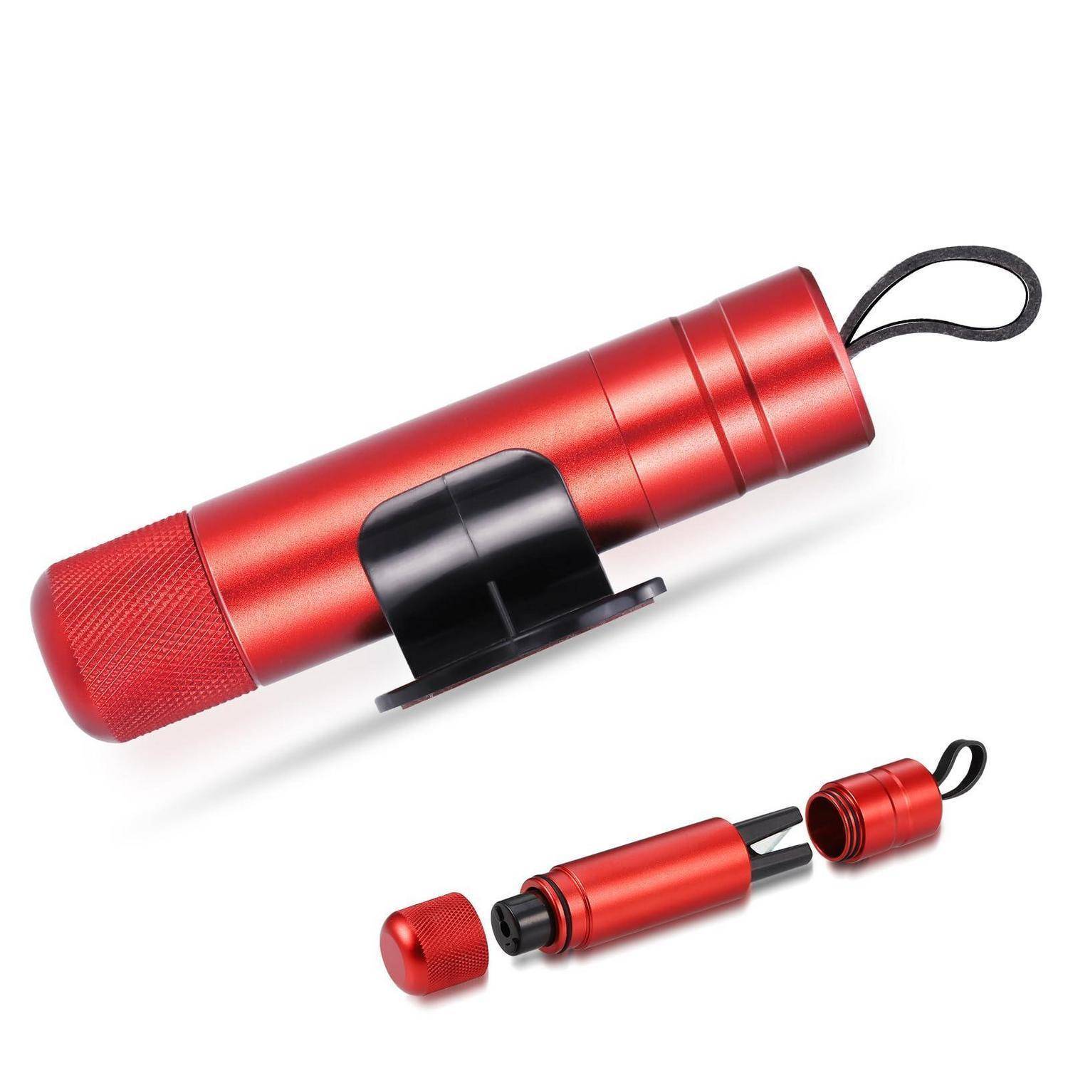 Roter metallischer zylindrischer Kapselcontainer, gezeigt zusammengebaut und teilweise zerlegt, mit einem schwarzen Montageclip und Schlaufenriemen.