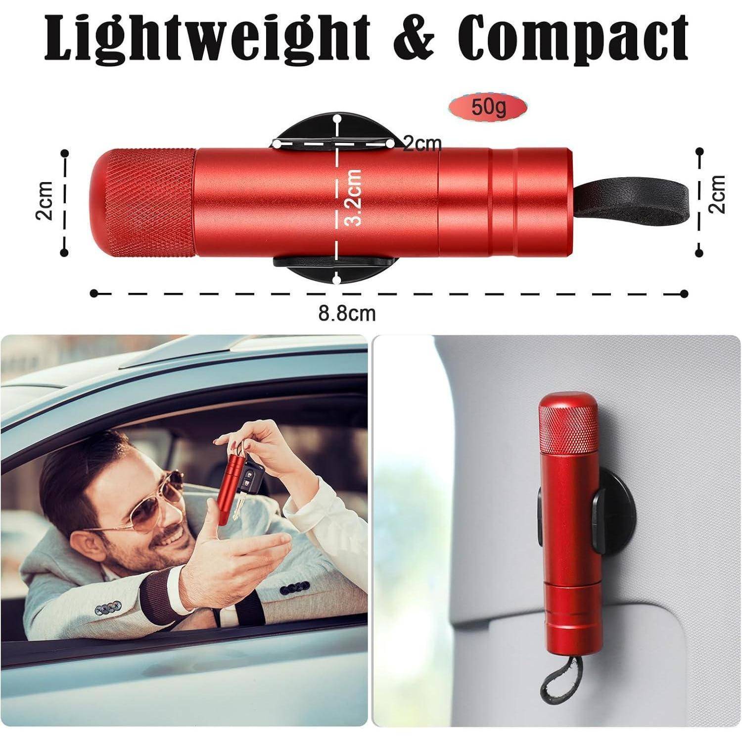 Kompaktes rotes Autounfallwerkzeug mit der Bezeichnung „Leicht und Kompakt", gezeigt mit den Abmessungen 8,8 cm mal 2 cm und 50 g, sowie Fotos der Verwendung und Montage.