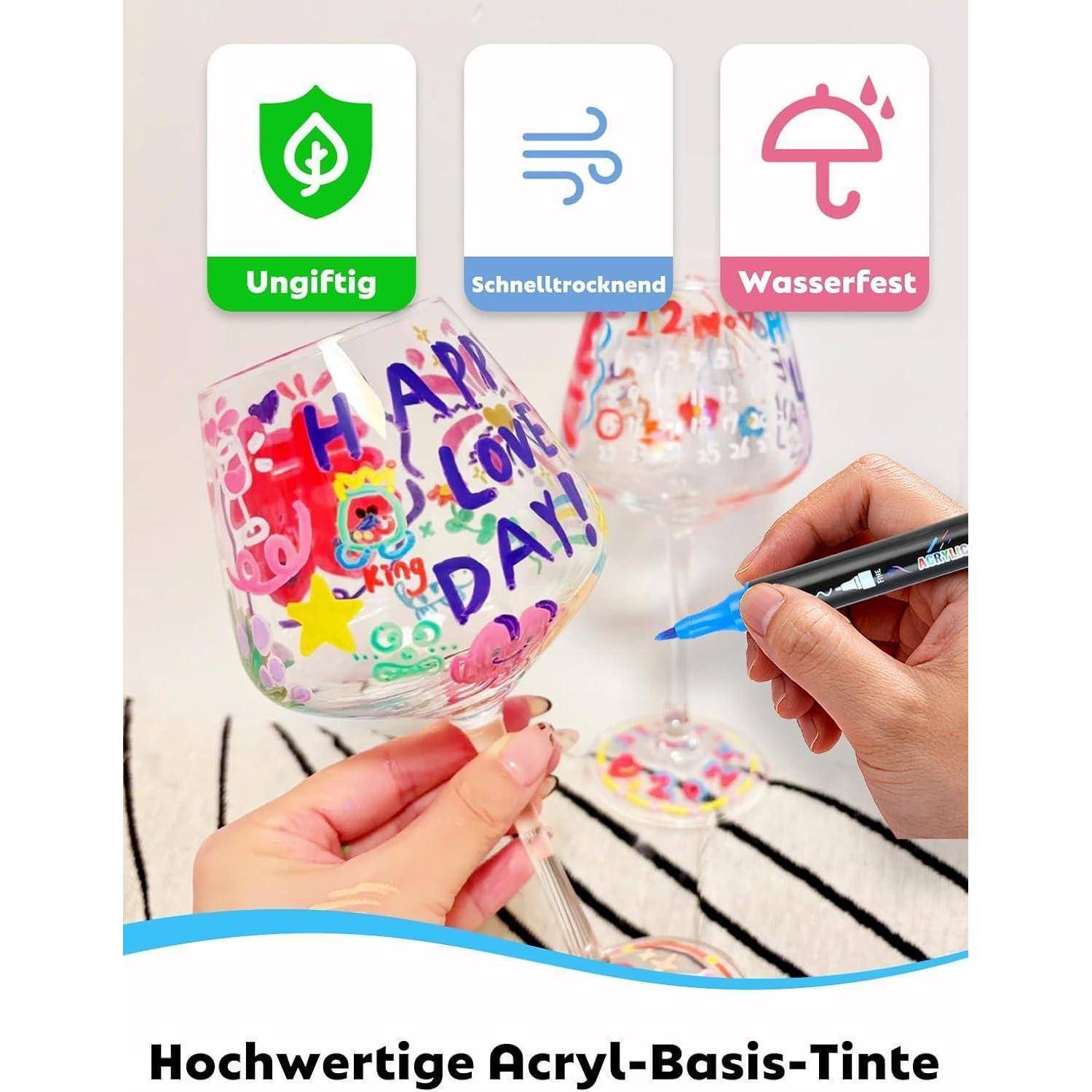 Handdekorieren von klarem Glas mit farbenfrohen Acrylmarker-Designs; Symbole oben zeigen „Ungiftig