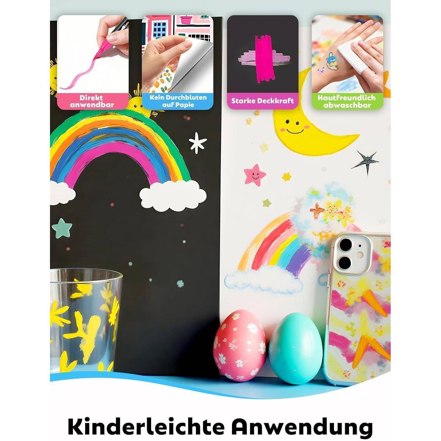 Werbebild mit farbenfrohen abwaschbaren Markern, die Regenbogen- und Monddesigns auf Papier und einer Handyhülle zeichnen, mit deutschem Text „Kinderleichte Anwendung