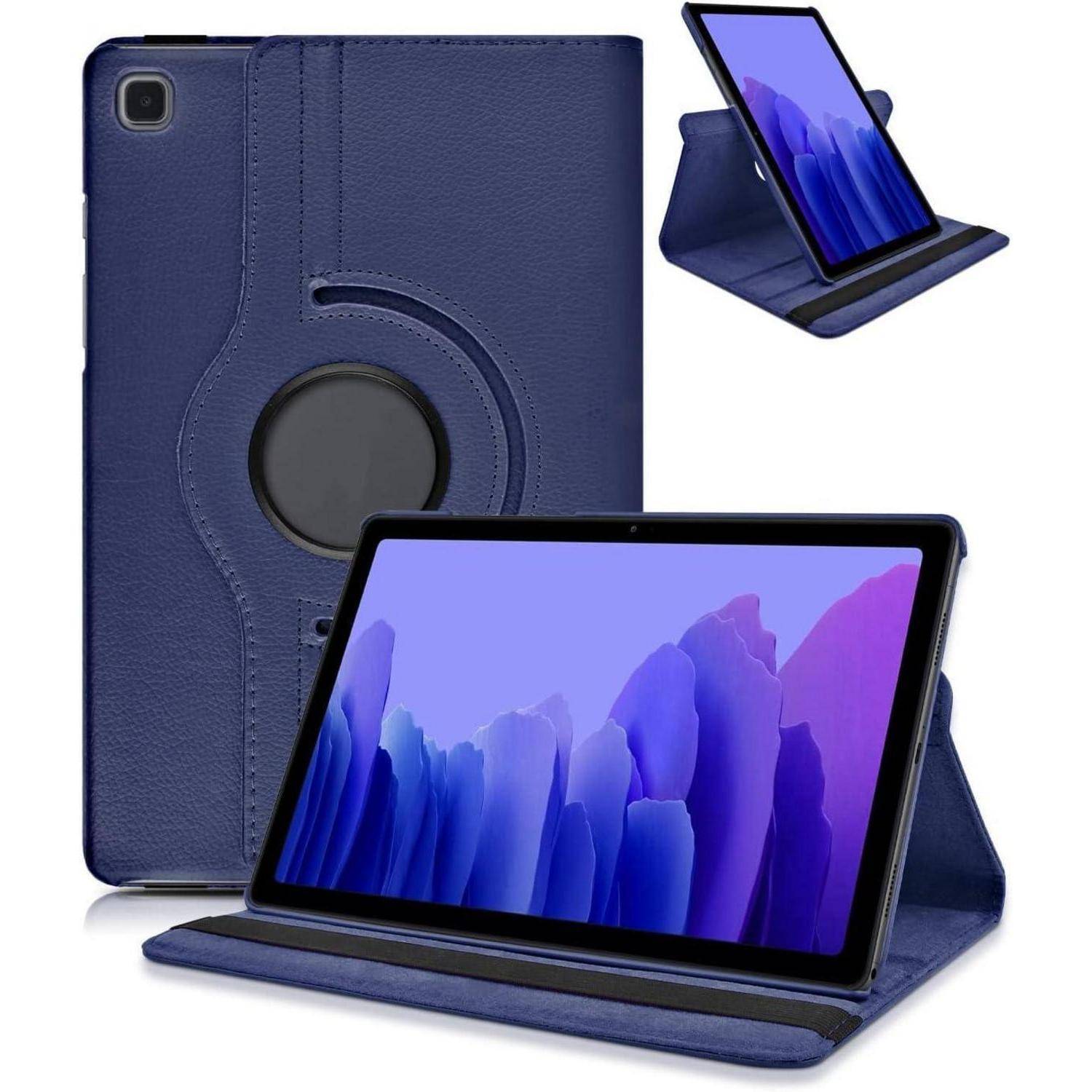 Blaue Tablet-Foliohülle mit integriertem Ständer und drehbarem Handgriff, gezeigt geschlossen und aufgeklappt mit einem darin gehaltenen Tablet.