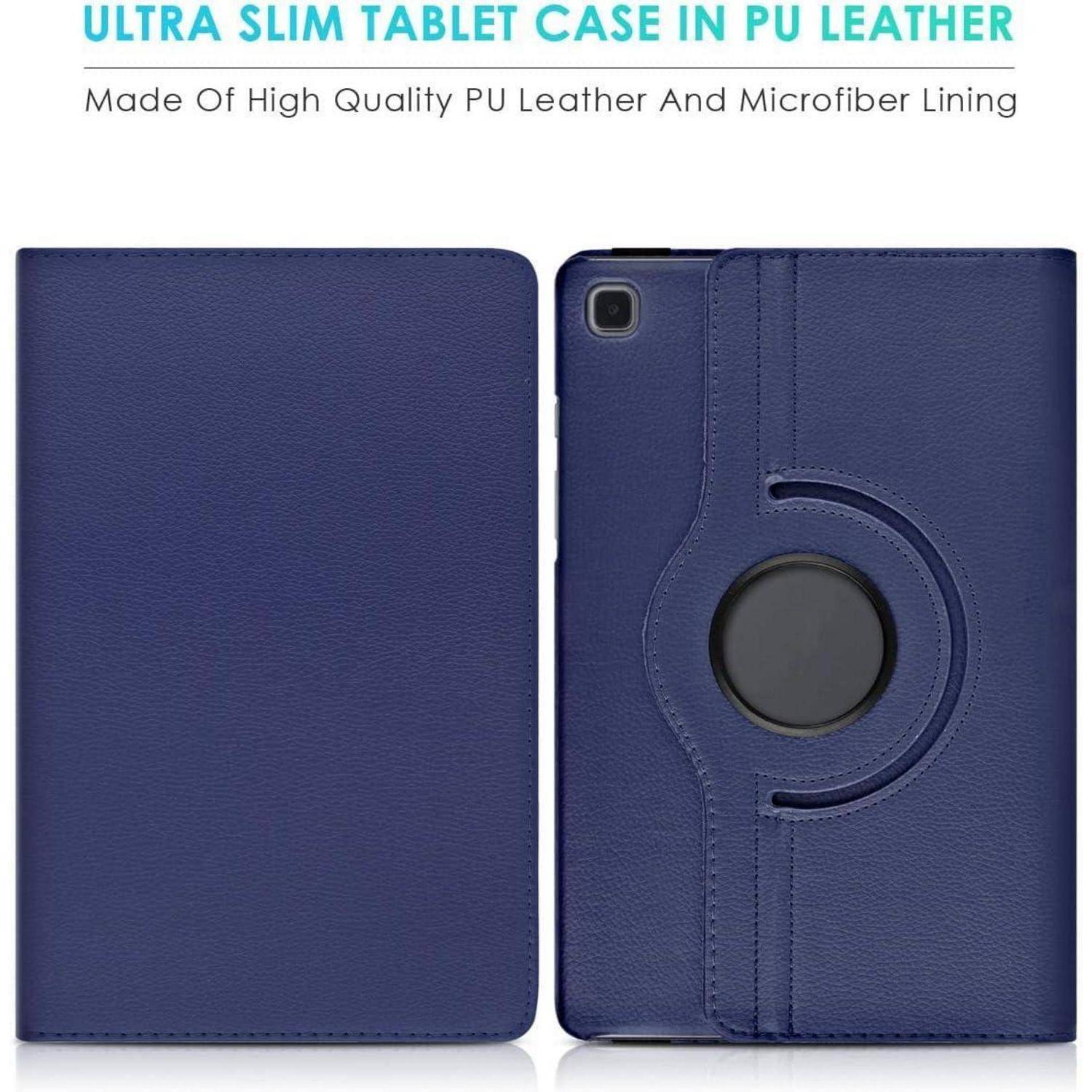 Zwei Ansichten eines marineblauen, ultra-schlanken Tablettetuis aus PU-Leder mit Mikrofaser-Futter, die die Vorderseite und die Rückseite mit Kameraausschnitt und drehbarem Handschlaufen-Design zeigen.
