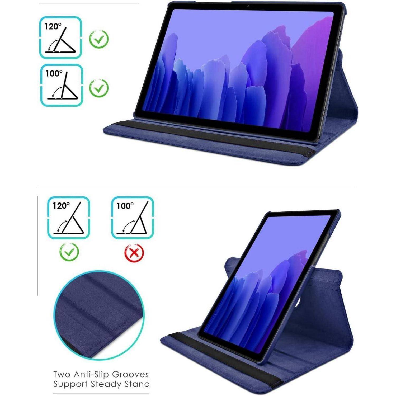 Tablet in einem blauen Folioumschwung-Etui, das in zwei Betrachtungswinkeln gezeigt wird, mit Diagrammen, die 120°- und 100°-Ständerpositionen und rutschfeste Rillen hervorheben.