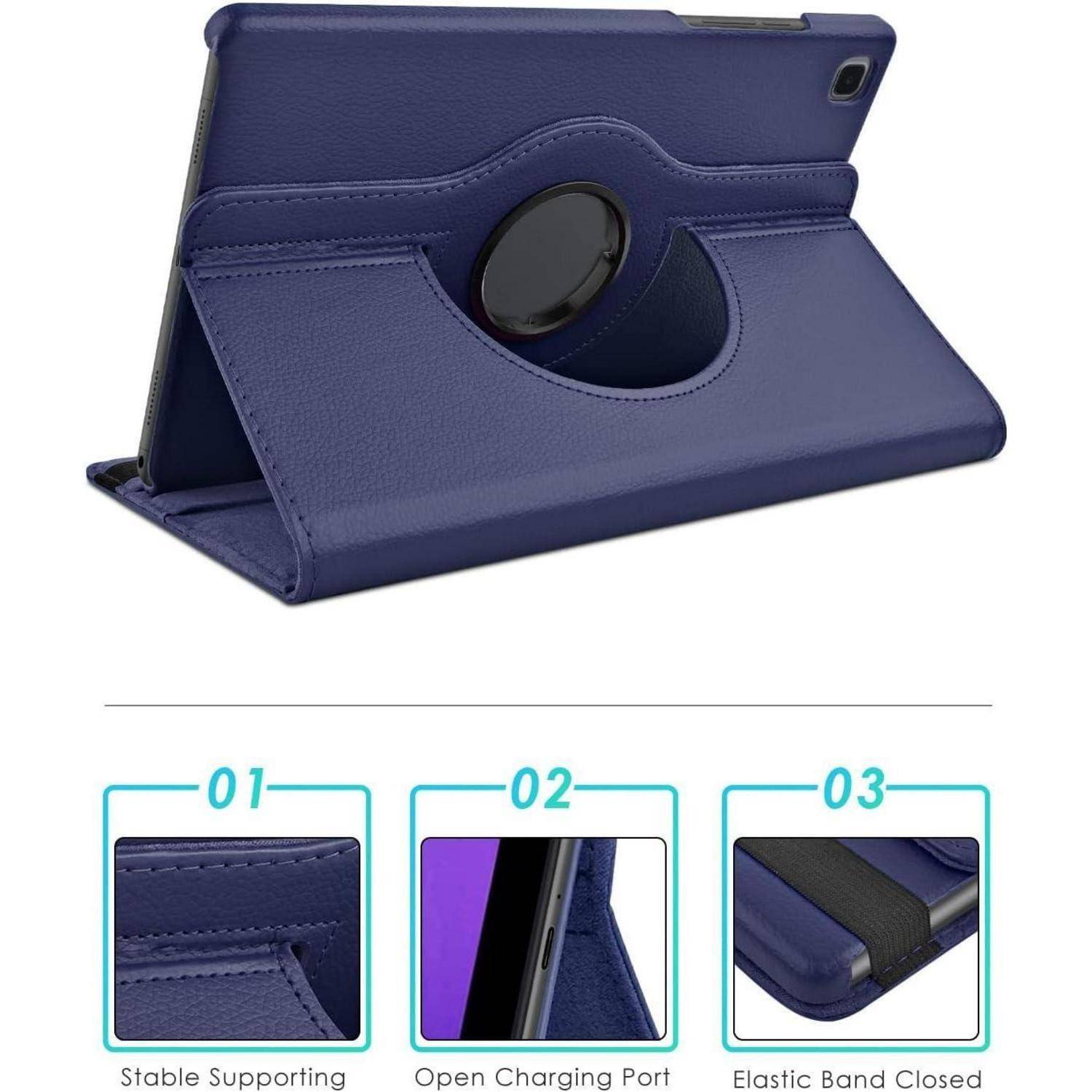 Violettes Tablet-Foliohülle in offener Standposition mit kreisförmiger Handschlaufe und Kameraausschnitt; eingefügte Detailaufnahmen zeigen die Steppung, den Zugang zum Ladeanschluss und den elastischen Verschlussgurt.