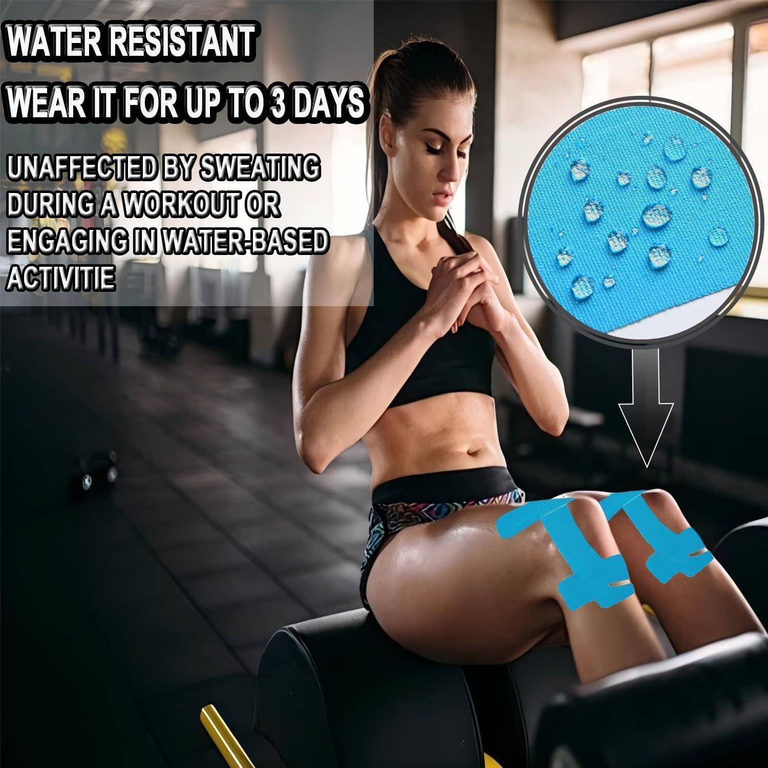 Fitness-Anzeige, die eine Frau in Sportkleidung zeigt mit Text, der behauptet: „Wasserfest", „Bis zu 3 Tage lang tragbar"" und Schweiß- und Wassersportaktivitätsbeständigkeit.