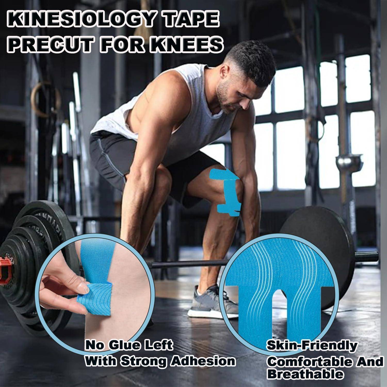 Fitness-Anzeige zeigt einen Mann, der vorgefertigtes Kinesiologie-Tape auf sein Knie aufbringt, mit Nahaufnahmen, die keine Kleberrückstände, starke Haftung und hautfreundliche Atmungsaktivität hervorheben.
