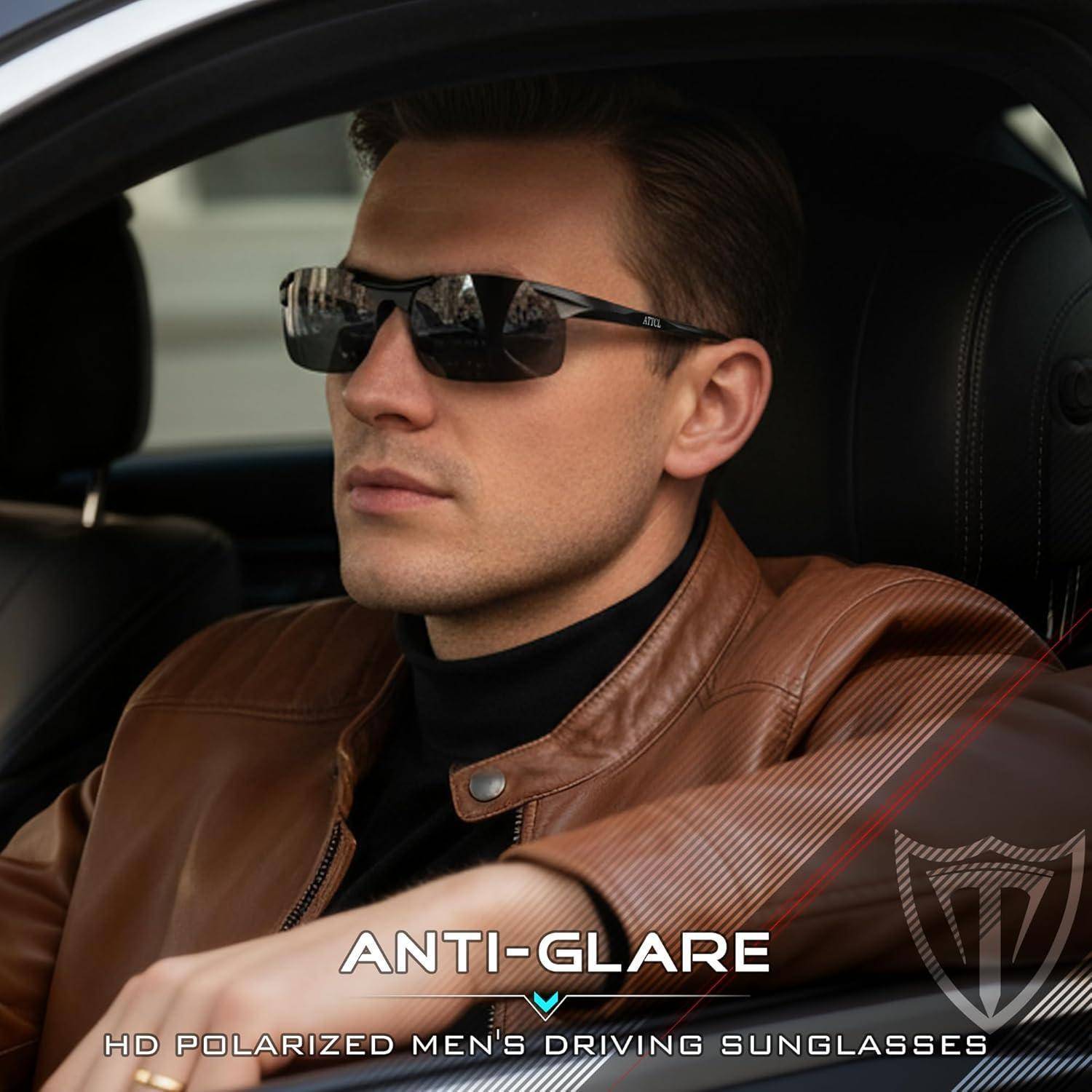 Mann mit Sonnenbrille in einem Auto, mit Werbetexten "ANTI-GLARE"" und ""HD POLARISIERTE HERREN-FAHRERBRILLE"".