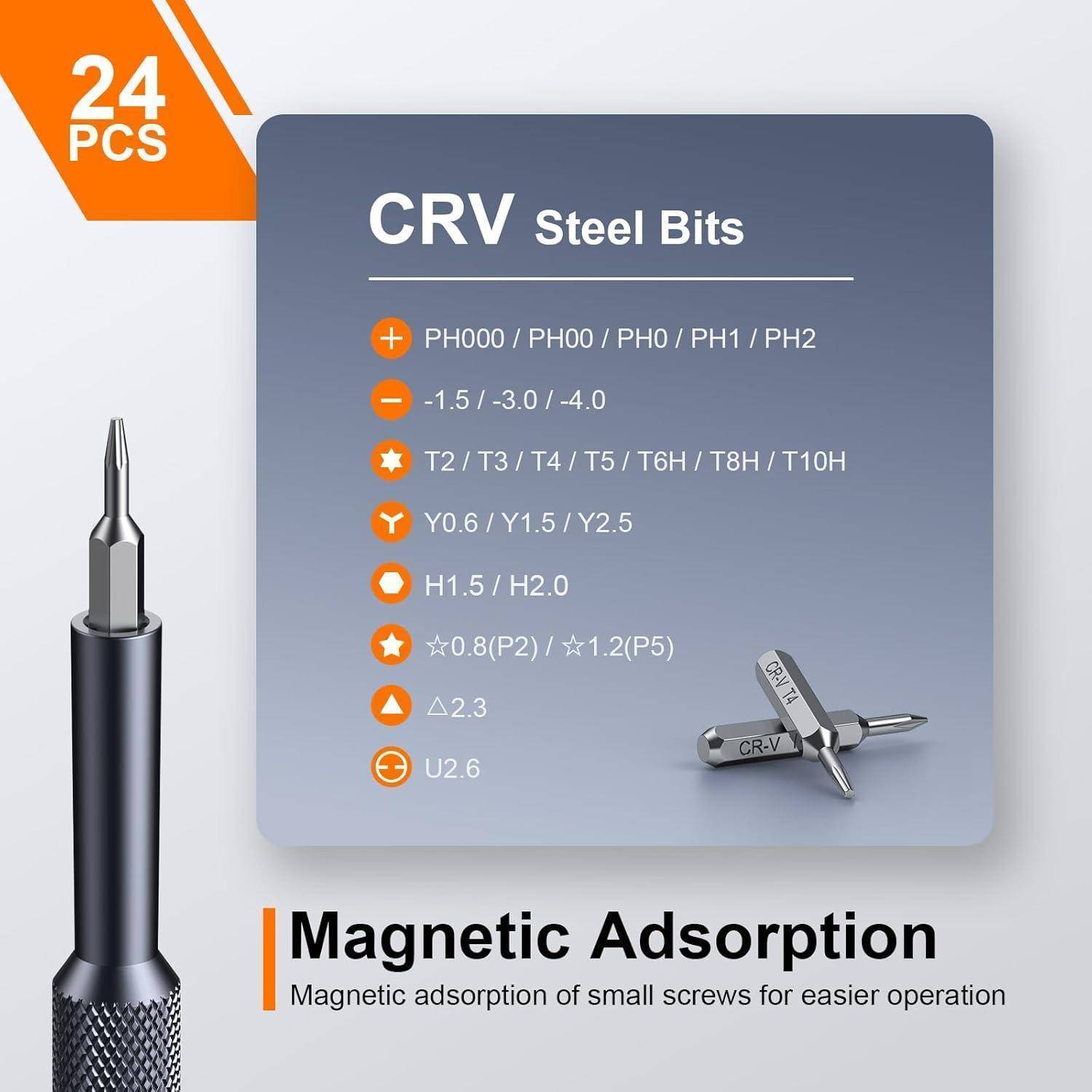 24-teiliger CRV-Stahl Magnetischer Schraubendreher-Bitsatz; listet PH, Schlitz, Torx, Y, Sechskant, Stern, Dreieck und U2,6 Bitgrößen auf.