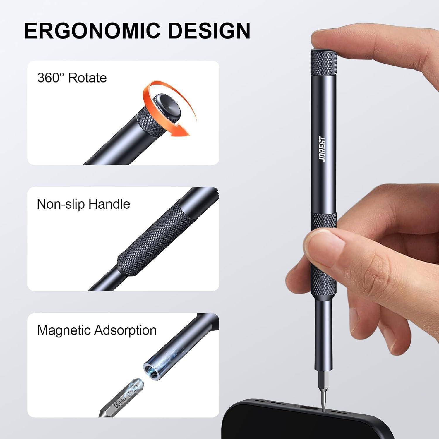 Werbebild eines Präzisions-Schraubendrehers mit der Kennzeichnung „ERGONOMISCHES DESIGN